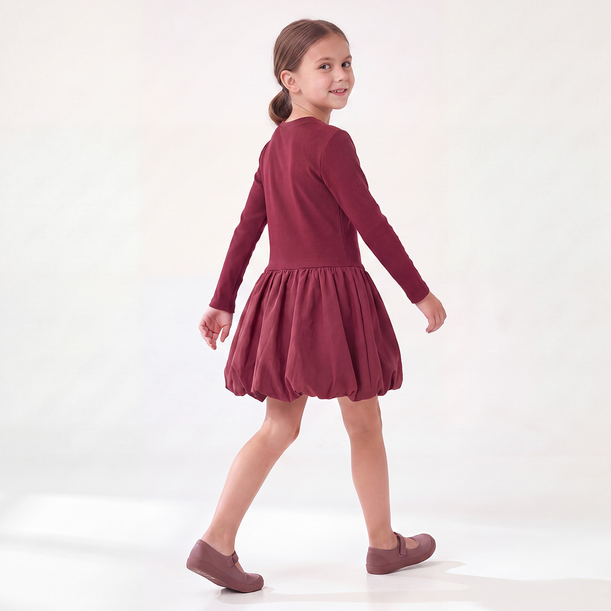Juniors Round Neck Long Sleeves Above-Knee Length Bubble Drop Waist Dress with Embroidery-girls-clothing-dressesandjumpsuits-image-2