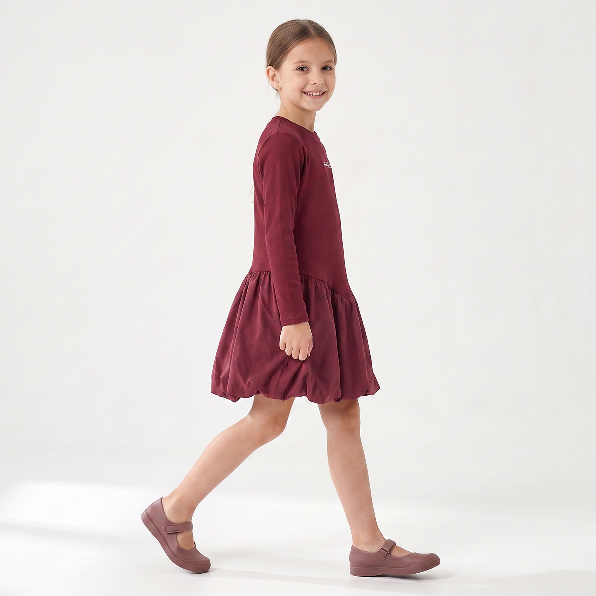 Juniors Round Neck Long Sleeves Above-Knee Length Bubble Drop Waist Dress with Embroidery-girls-clothing-dressesandjumpsuits-image-4
