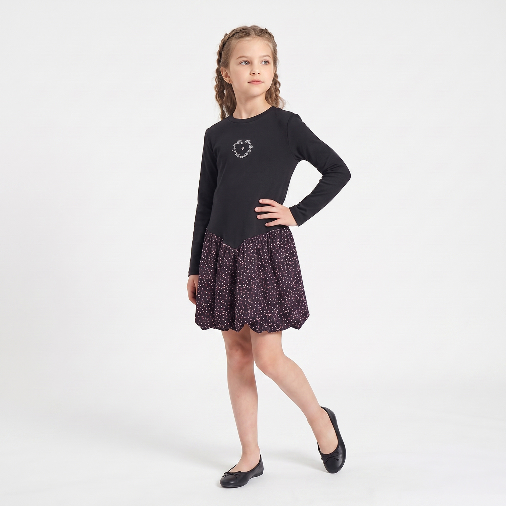 Juniors Round Neck Long Sleeves Above-Knee Length Bubble Drop Waist Dress with Embroidery-girls-clothing-dressesandjumpsuits-image-1