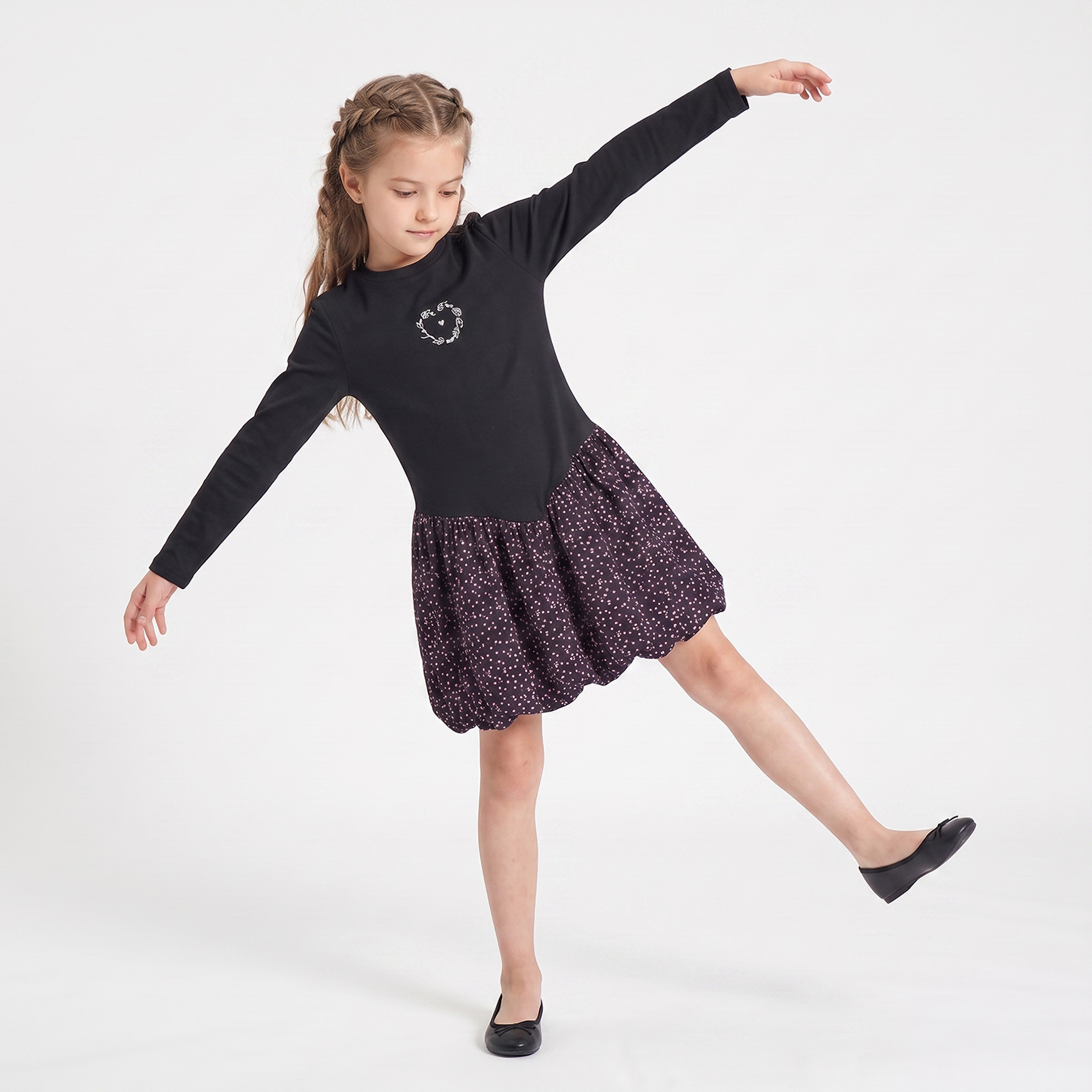 Juniors Round Neck Long Sleeves Above-Knee Length Bubble Drop Waist Dress with Embroidery-girls-clothing-dressesandjumpsuits-image-5