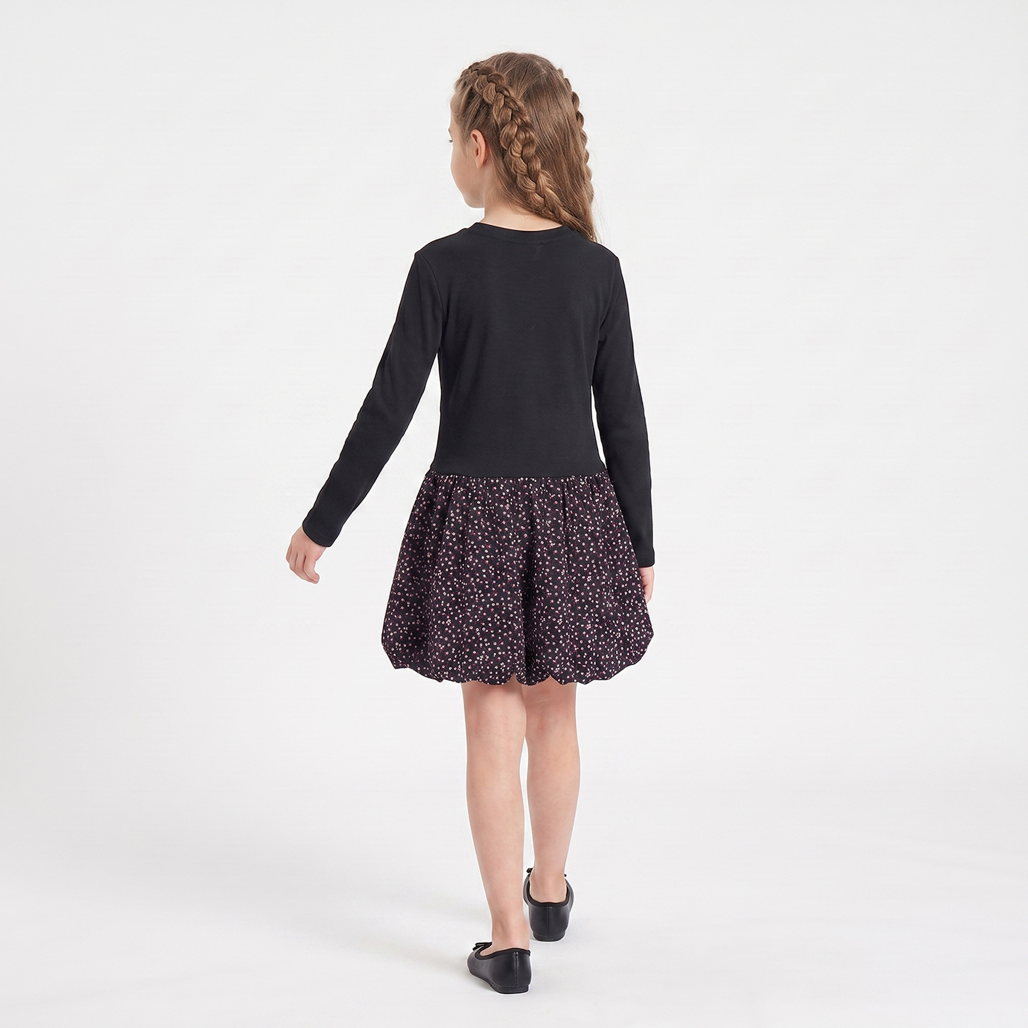 Juniors Round Neck Long Sleeves Above-Knee Length Bubble Drop Waist Dress with Embroidery-girls-clothing-dressesandjumpsuits-image-2