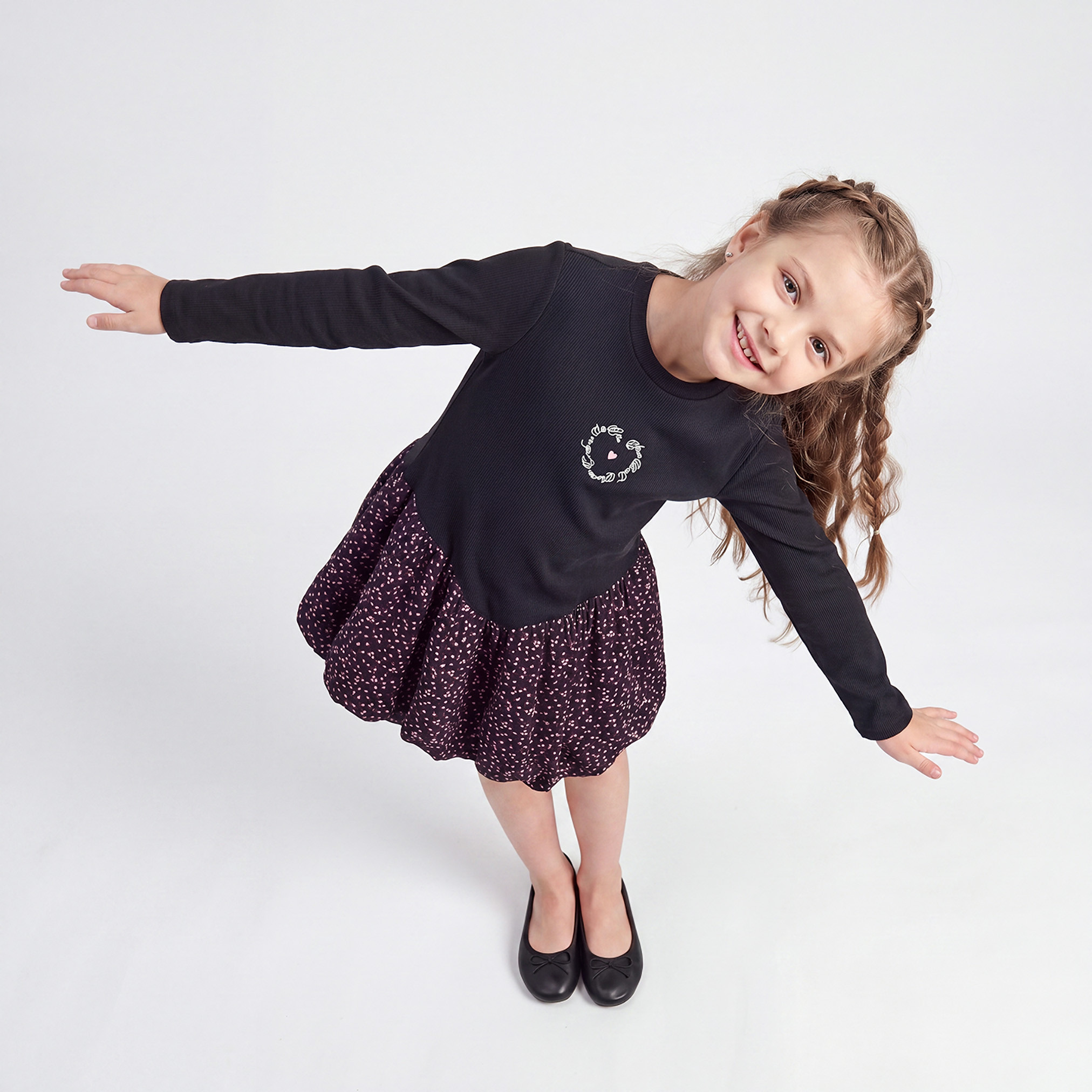 Juniors Round Neck Long Sleeves Above-Knee Length Bubble Drop Waist Dress with Embroidery-girls-clothing-dressesandjumpsuits-image-6