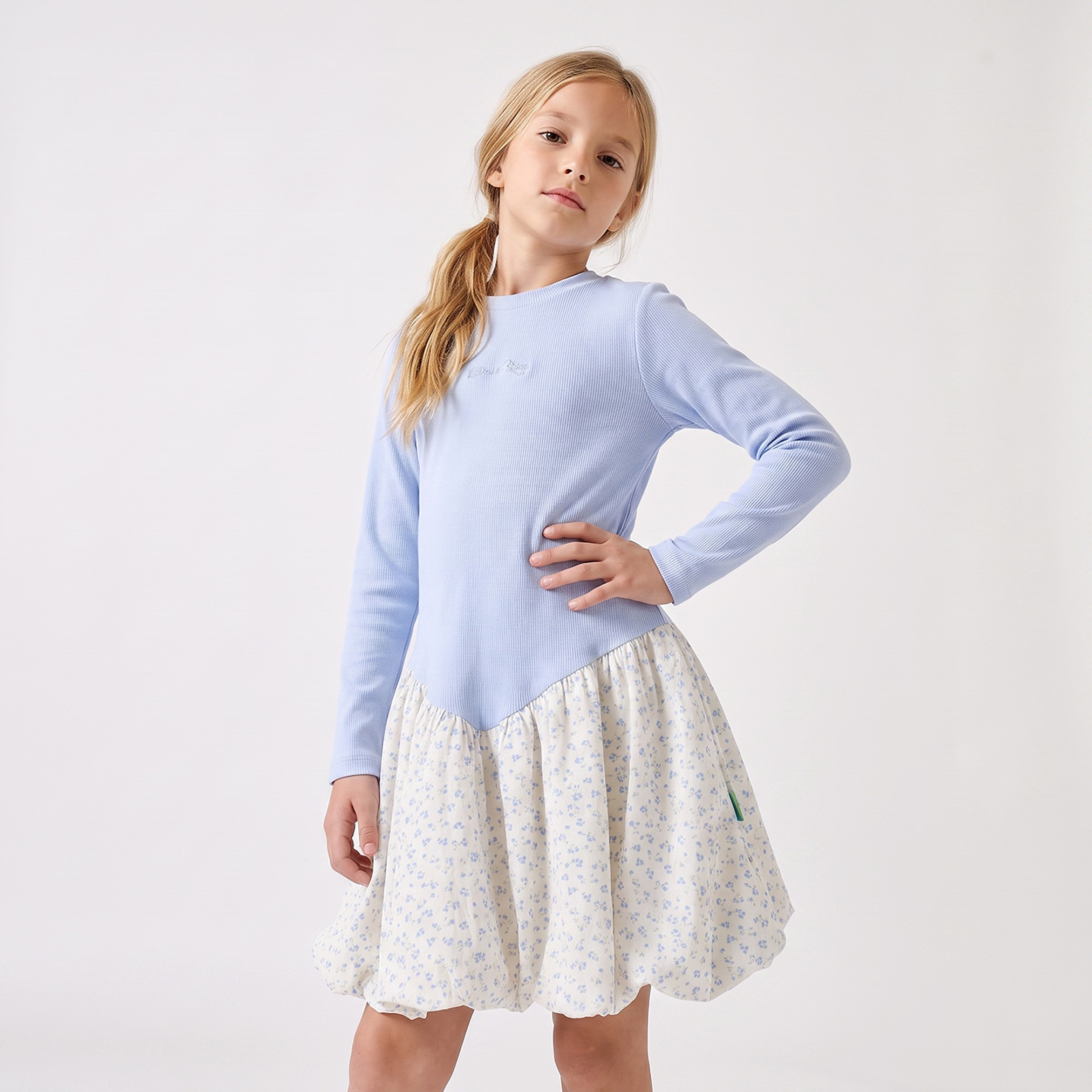Juniors Round Neck Long Sleeves Above-Knee Length Bubble Drop Waist Dress with Embroidery-girls-clothing-dressesandjumpsuits-image-1