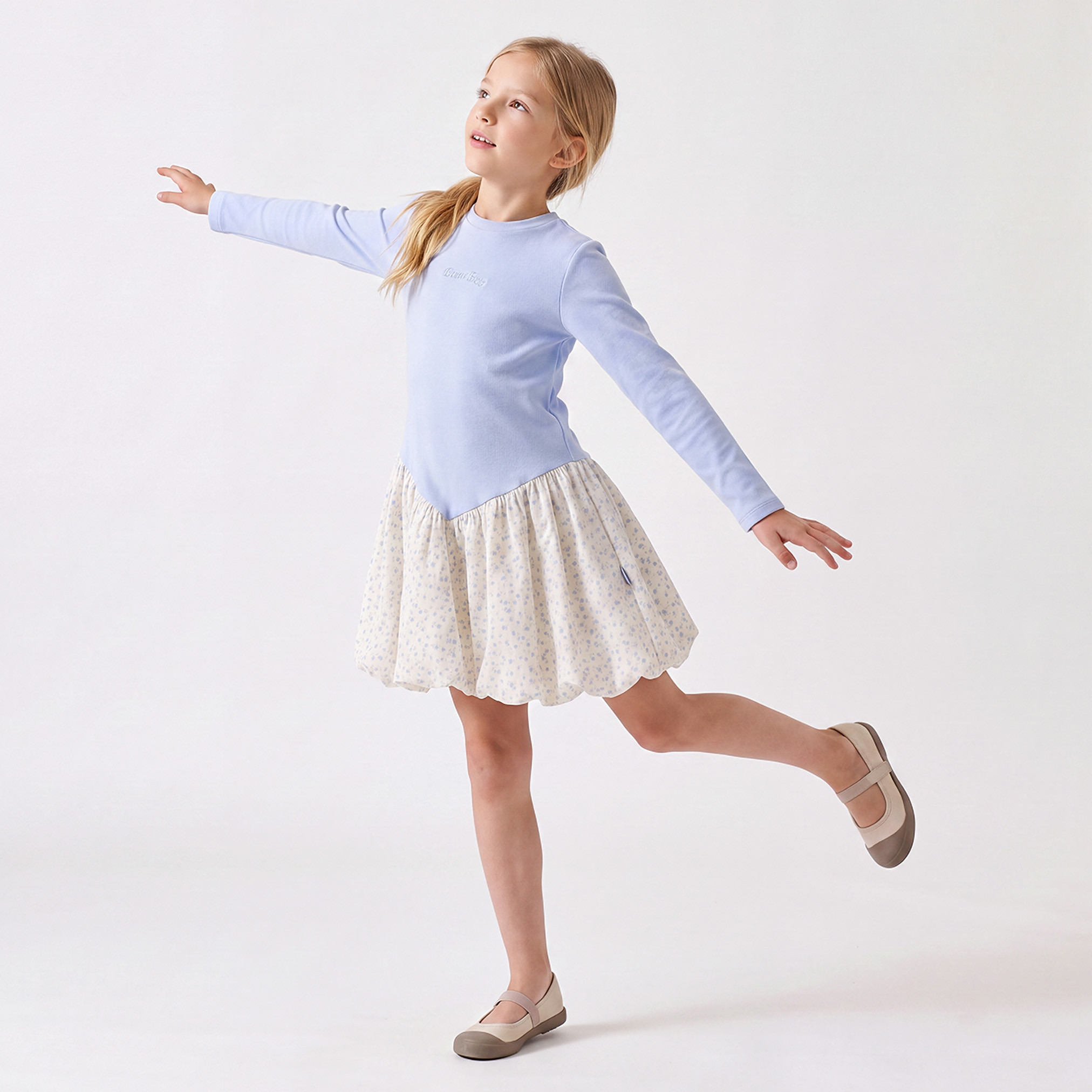 Juniors Round Neck Long Sleeves Above-Knee Length Bubble Drop Waist Dress with Embroidery-girls-clothing-dressesandjumpsuits-image-5