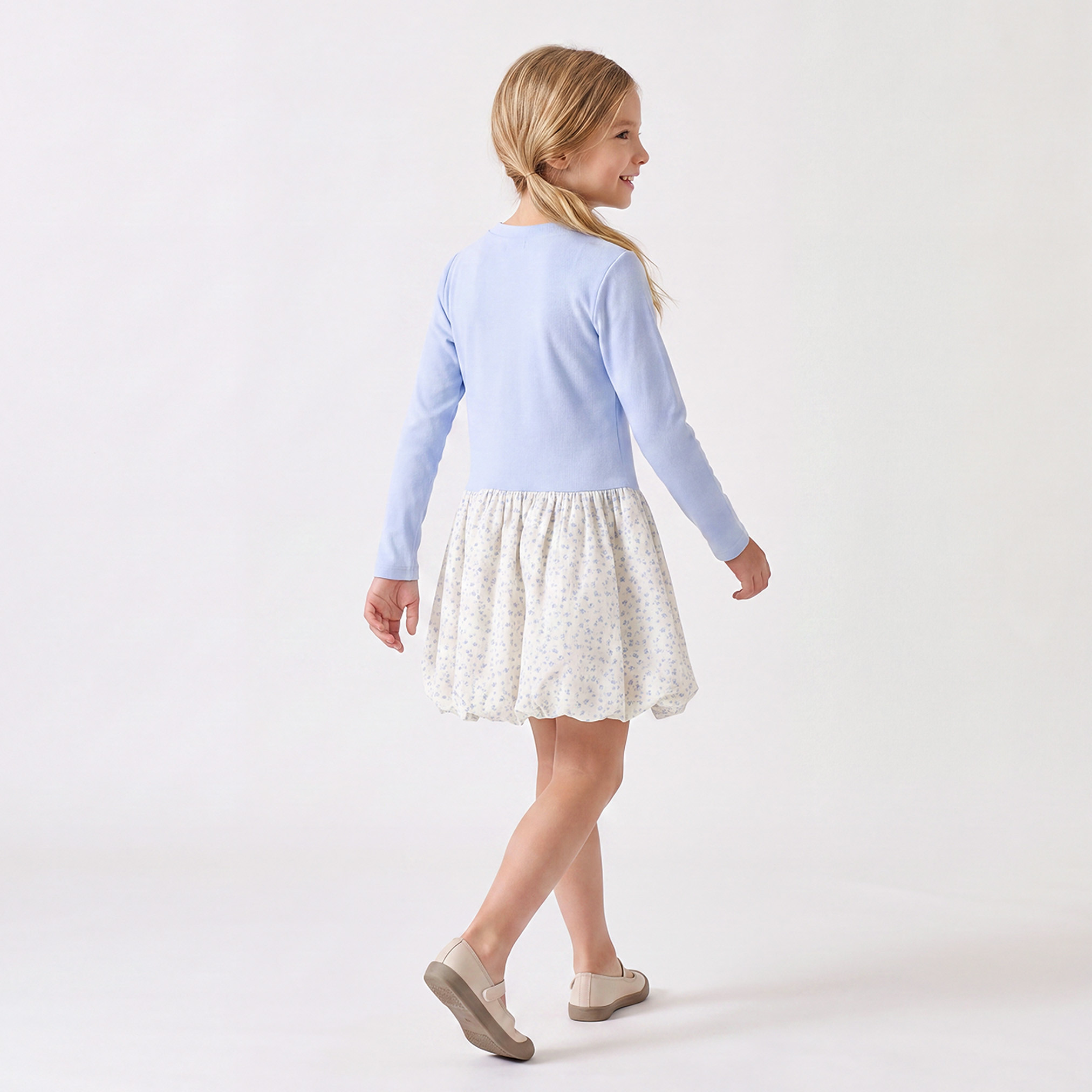 Juniors Round Neck Long Sleeves Above-Knee Length Bubble Drop Waist Dress with Embroidery-girls-clothing-dressesandjumpsuits-image-2