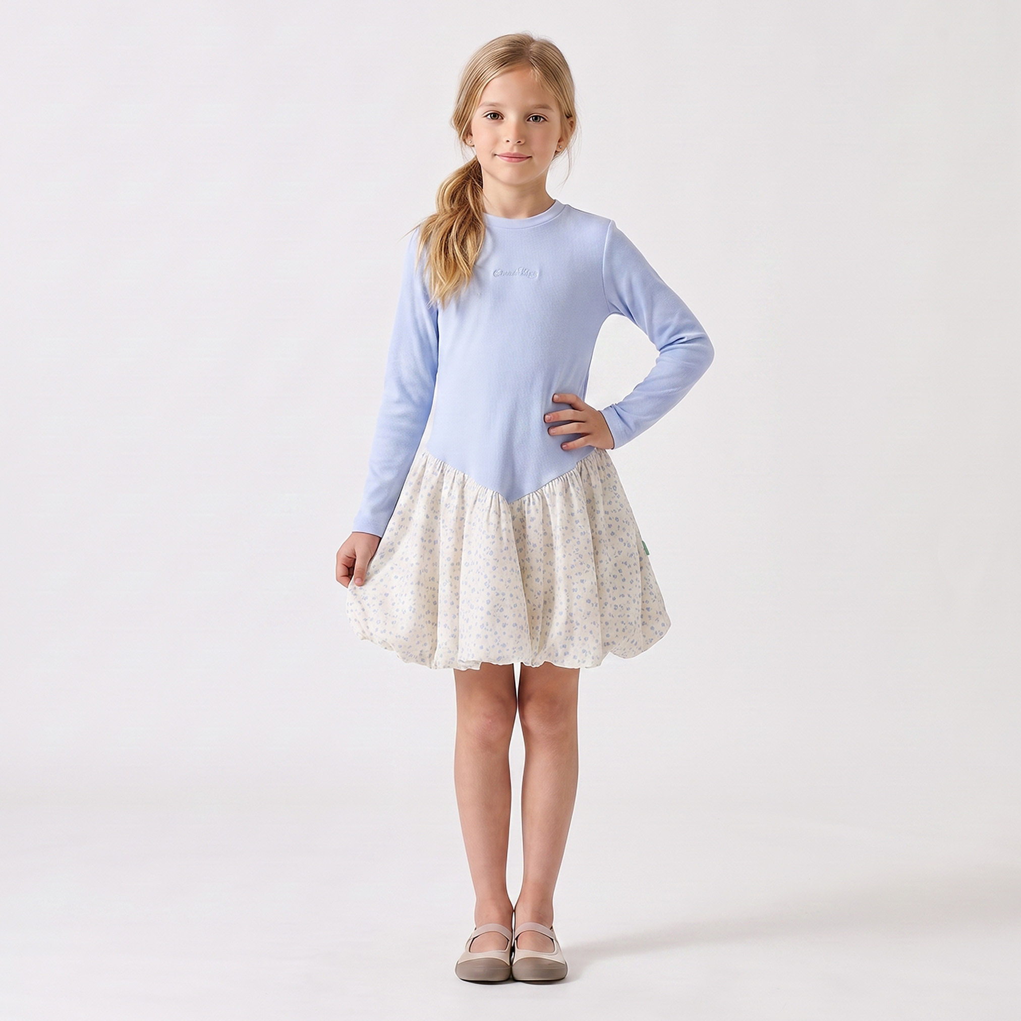 Juniors Round Neck Long Sleeves Above-Knee Length Bubble Drop Waist Dress with Embroidery-girls-clothing-dressesandjumpsuits-image-6