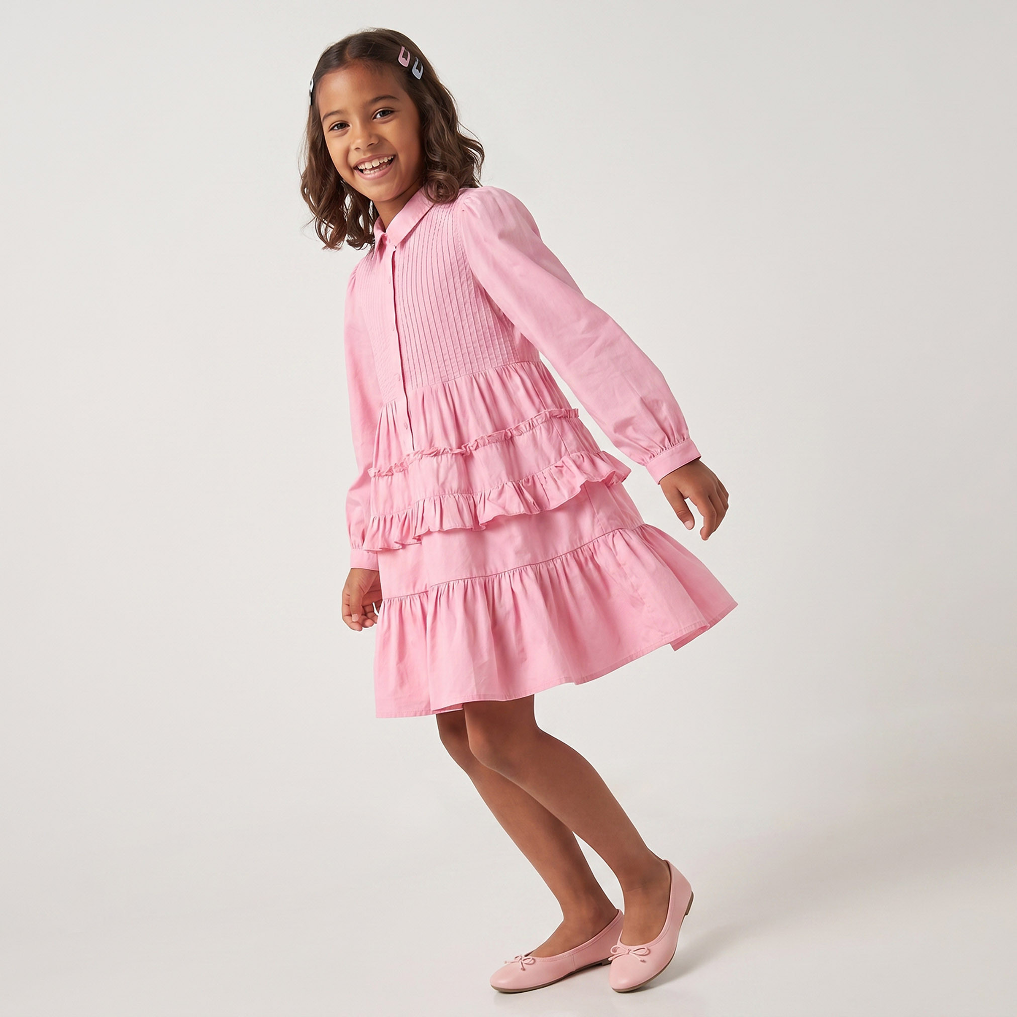 Juniors Collared Long Sleeves Knee Length Tiered Dress with Pintucks-girls-clothing-dressesandjumpsuits-image-1