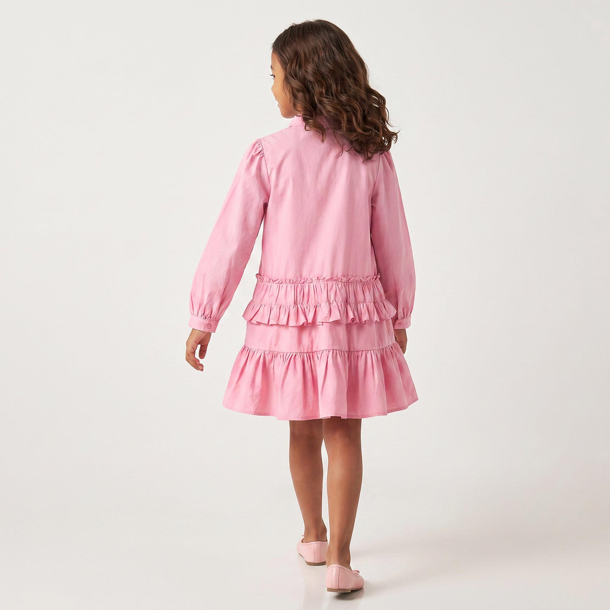 Juniors Collared Long Sleeves Knee Length Tiered Dress with Pintucks-girls-clothing-dressesandjumpsuits-image-2