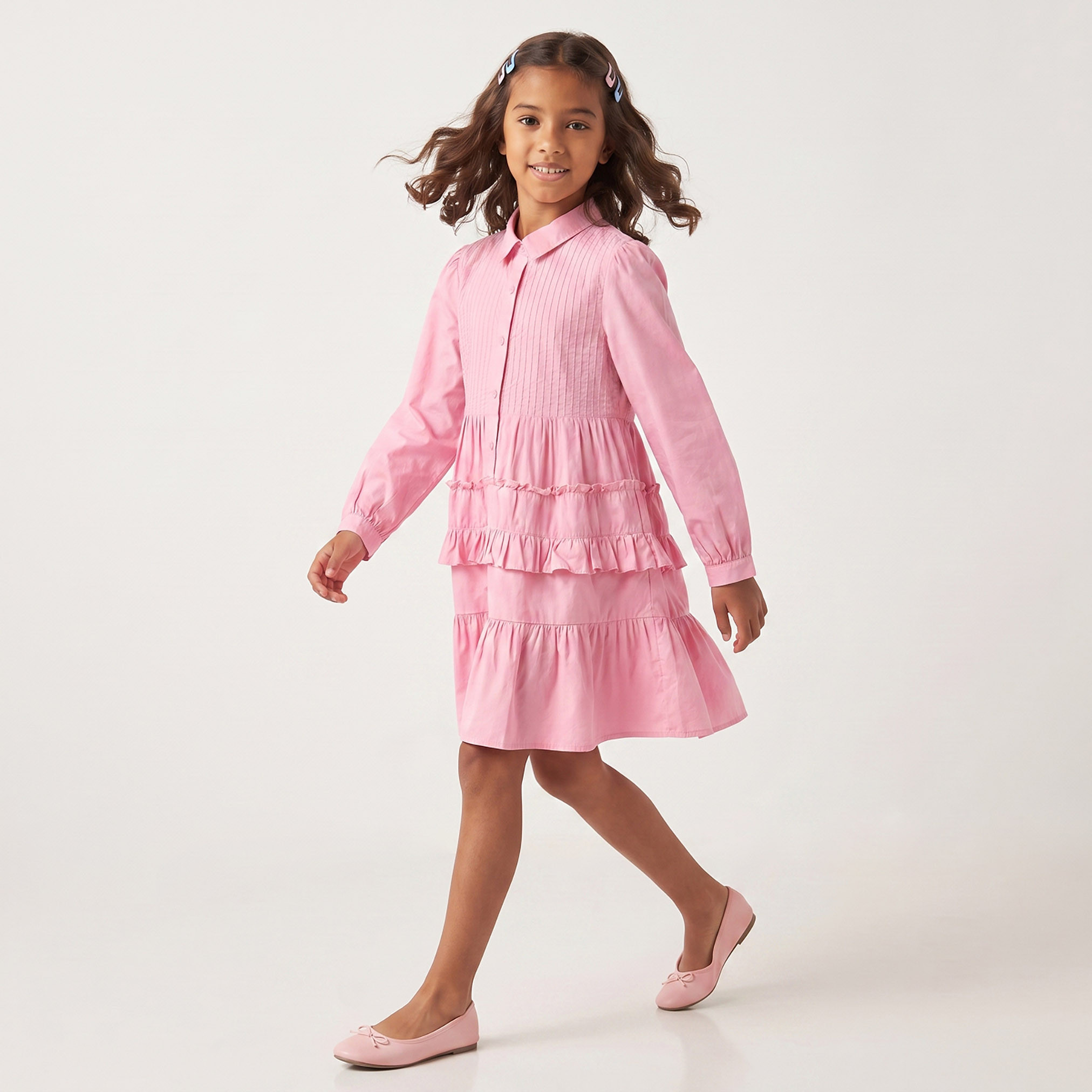 Juniors Collared Long Sleeves Knee Length Tiered Dress with Pintucks-girls-clothing-dressesandjumpsuits-image-3