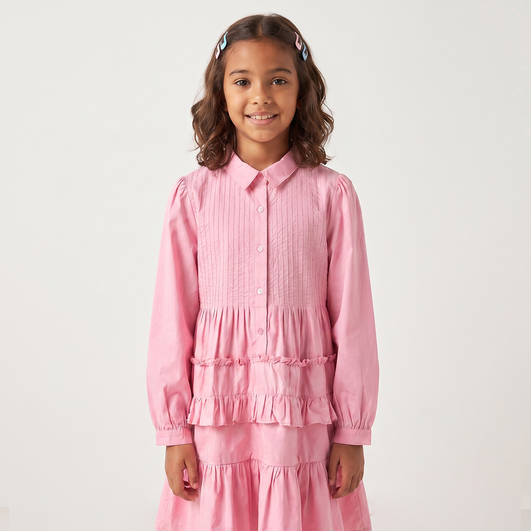 Juniors Collared Long Sleeves Knee Length Tiered Dress with Pintucks-girls-clothing-dressesandjumpsuits-image-5