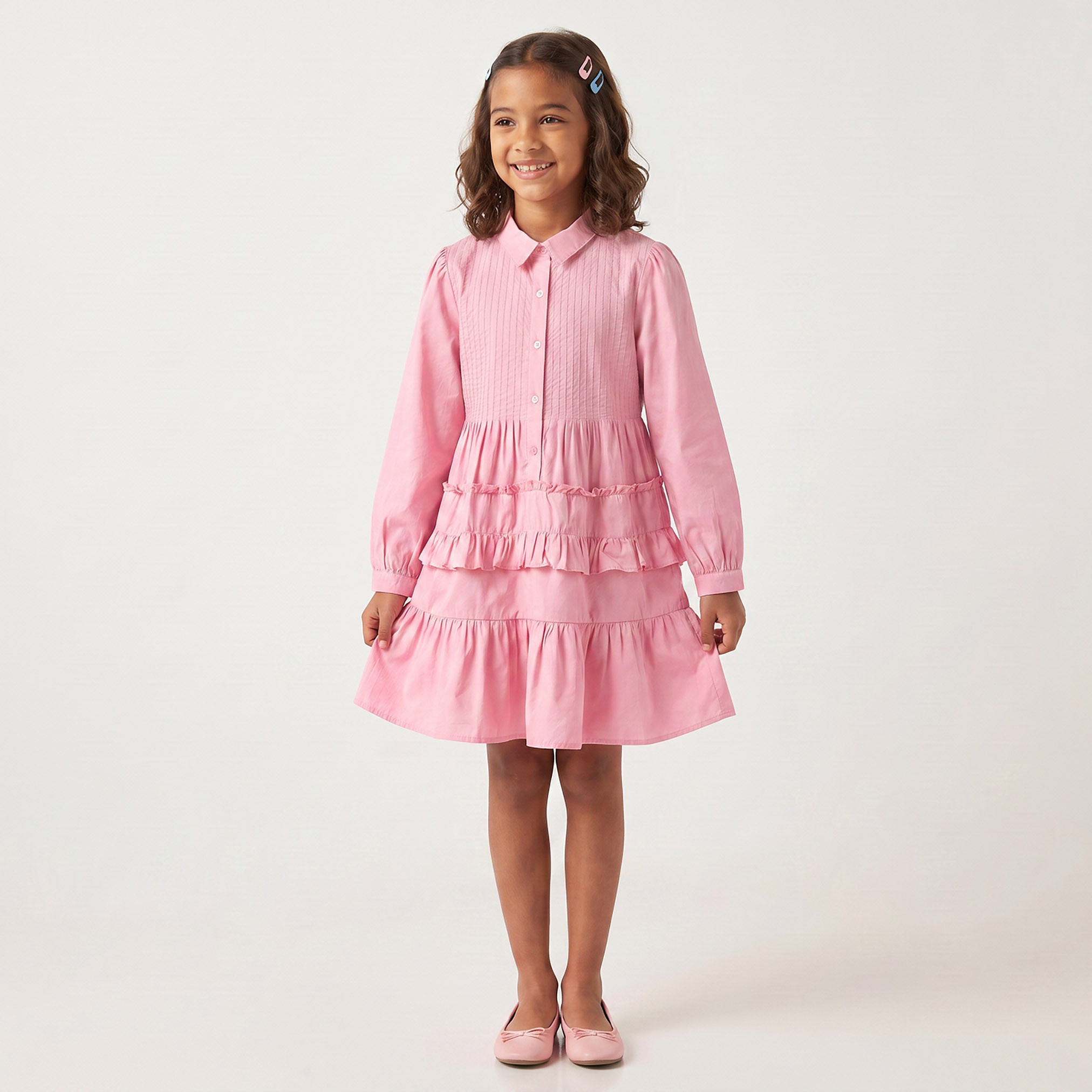 Juniors Collared Long Sleeves Knee Length Tiered Dress with Pintucks-girls-clothing-dressesandjumpsuits-image-6