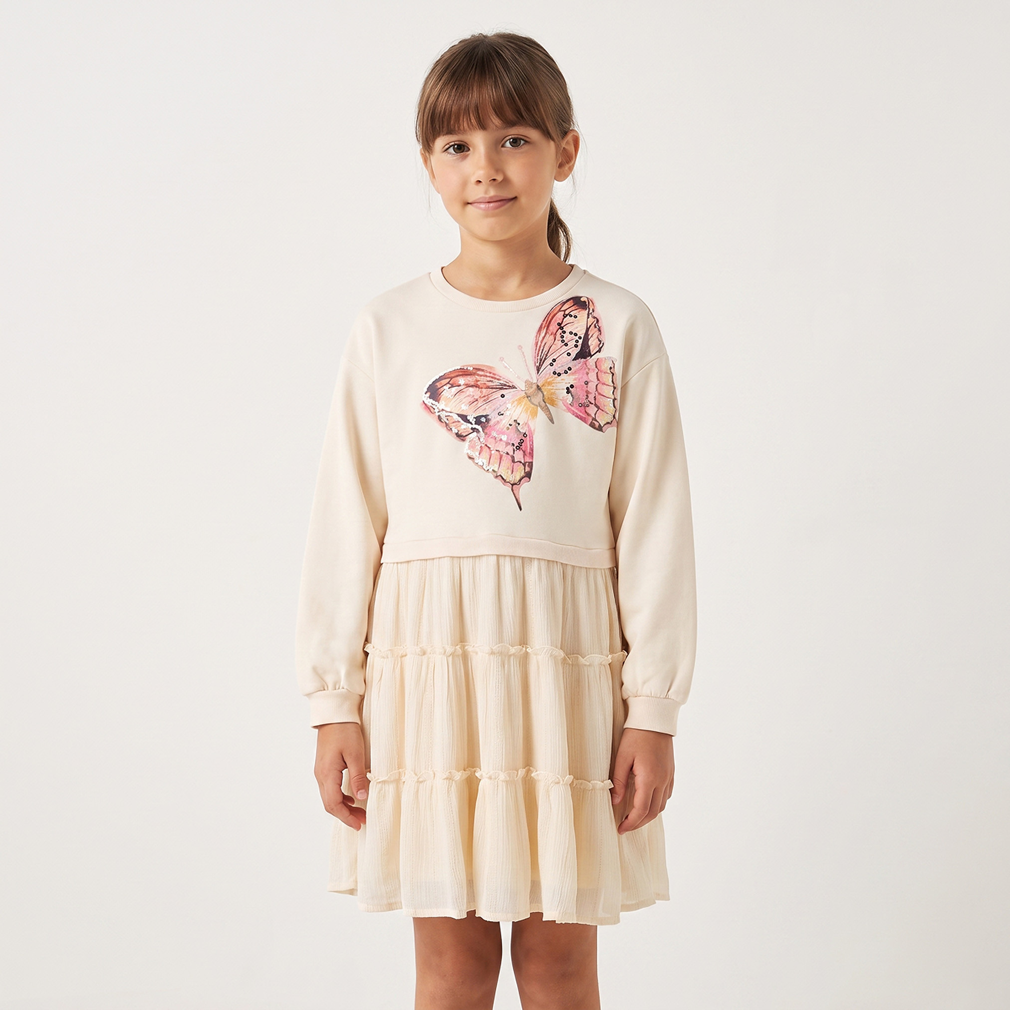 فستان طول الركبة متعدد الطبقات بطبعات فراشة وياقة مستديرة وأكمام طويلة من جونيورز-girls-clothing-dressesandjumpsuits-image-6