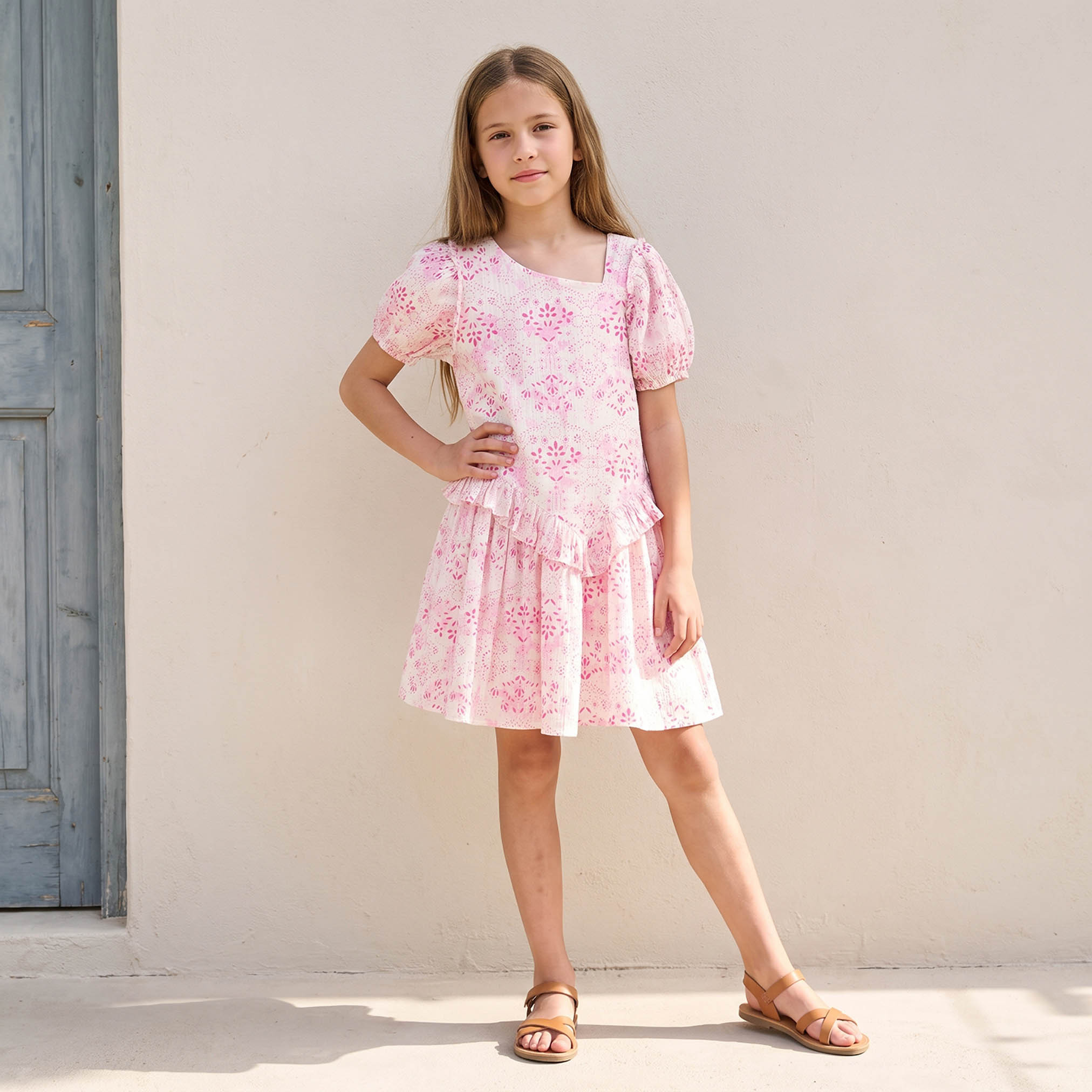 Juniors Round Neck Short Sleeves Knee Length A-line Dress with Floral Print-girls-clothing-dressesandjumpsuits-image-1