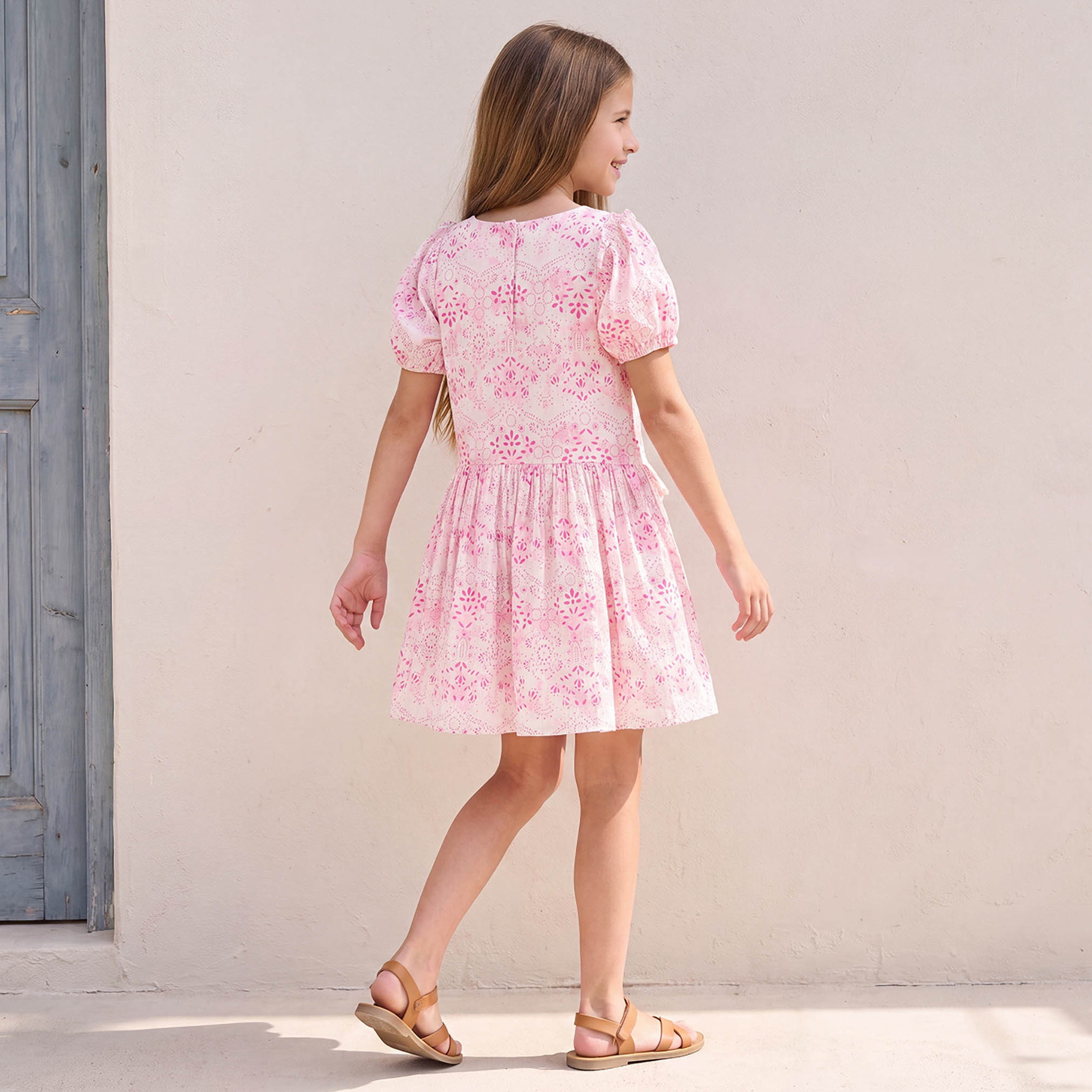 Juniors Round Neck Short Sleeves Knee Length A-line Dress with Floral Print-girls-clothing-dressesandjumpsuits-image-2