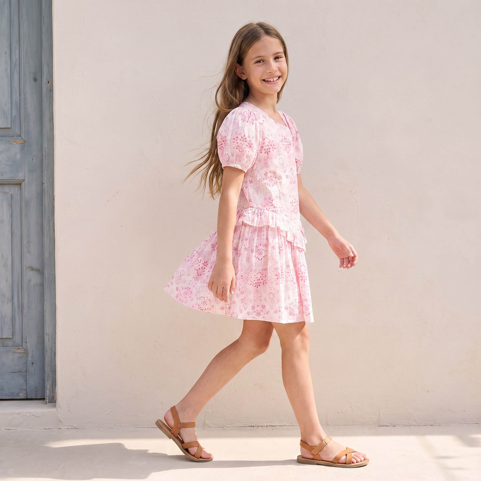 Juniors Round Neck Short Sleeves Knee Length A-line Dress with Floral Print-girls-clothing-dressesandjumpsuits-image-4