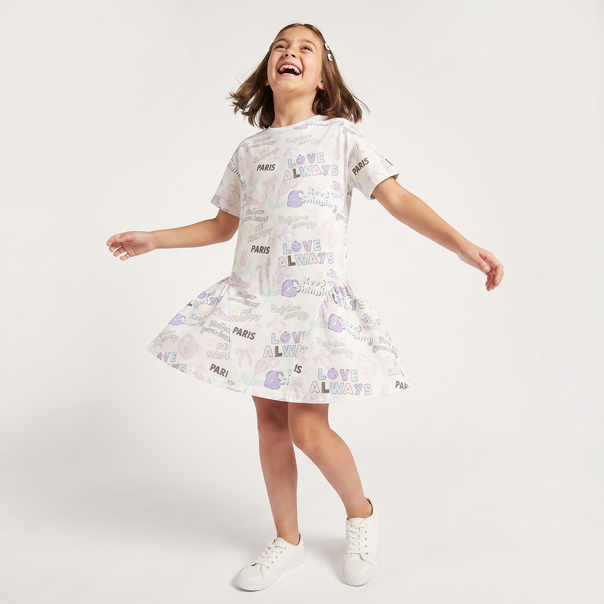 Juniors Round Neck Short Sleeves Knee Length A-line Dress with Typographic Print-girls-clothing-dressesandjumpsuits-image-1