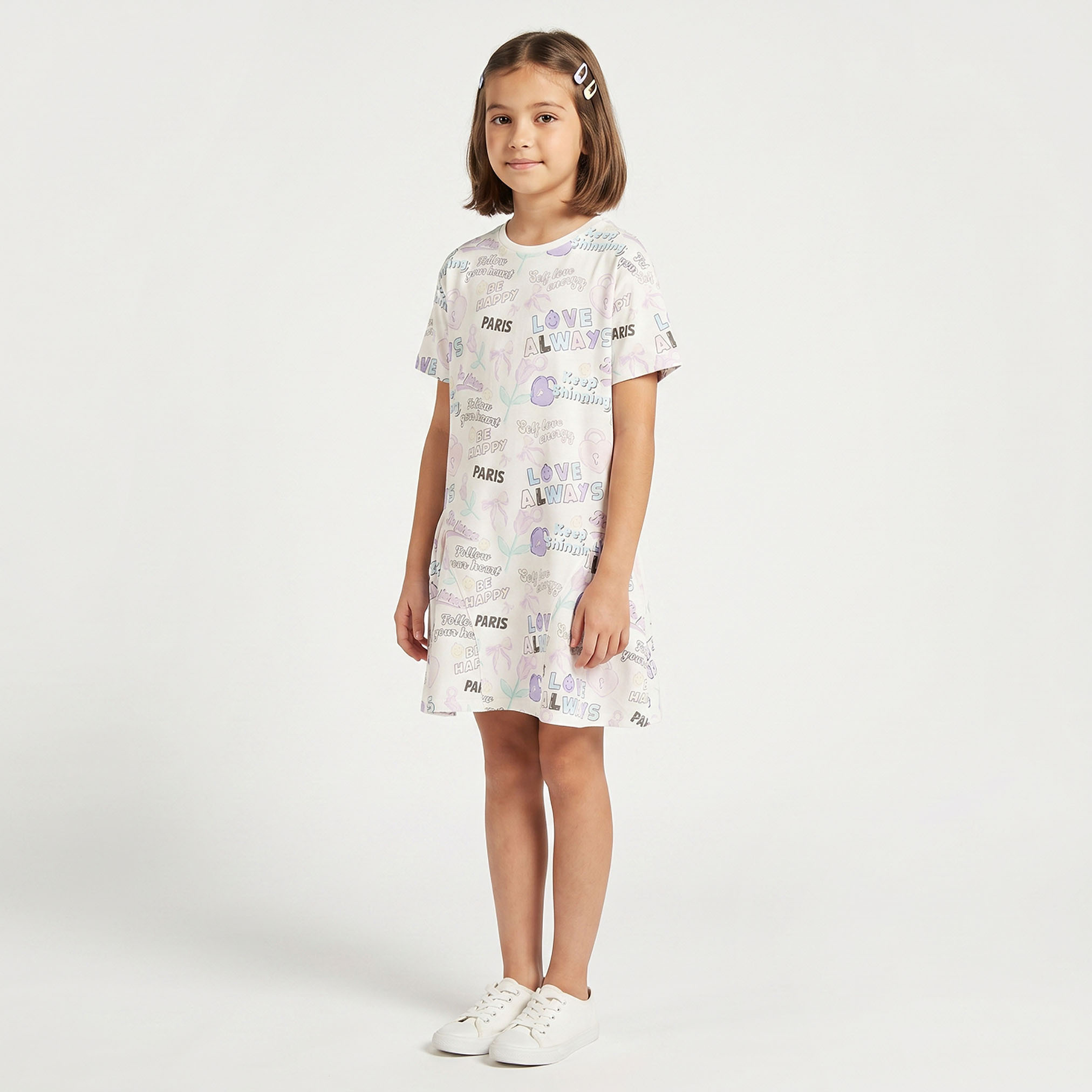 Juniors Round Neck Short Sleeves Knee Length A-line Dress with Typographic Print-girls-clothing-dressesandjumpsuits-image-2