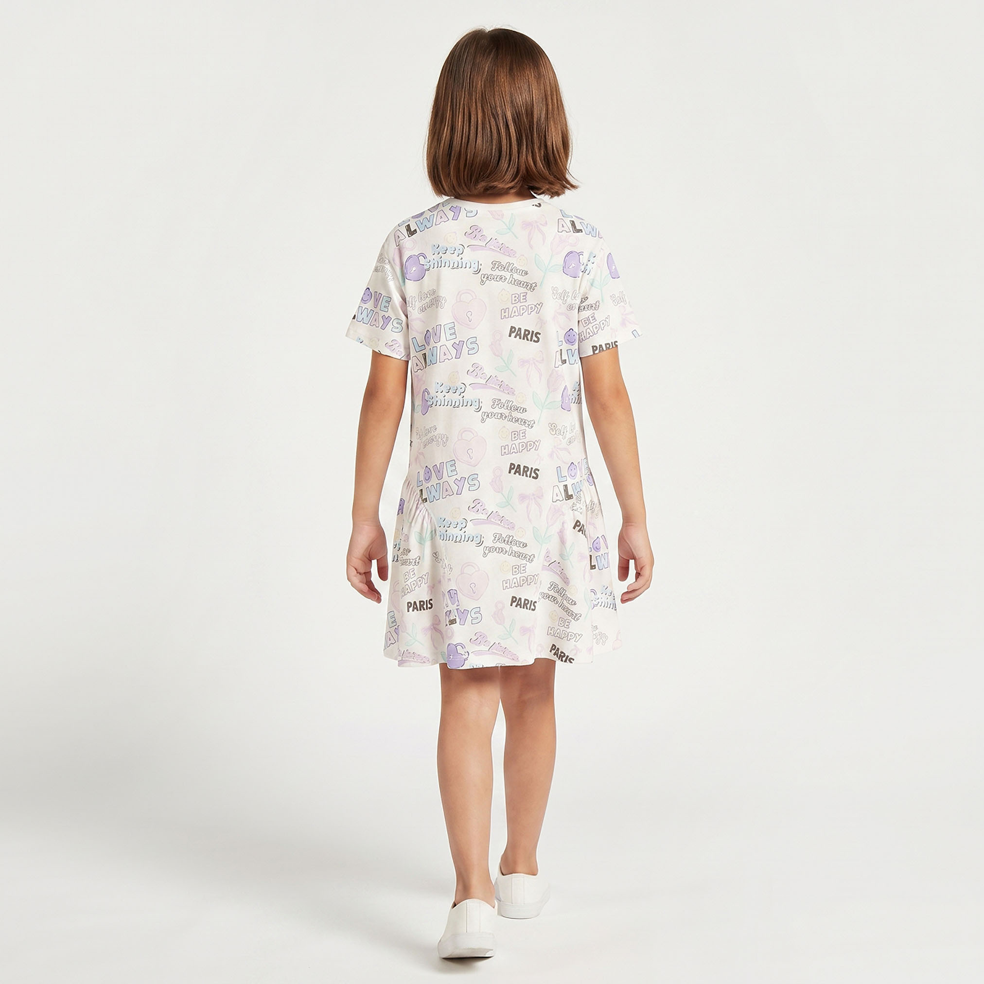Juniors Round Neck Short Sleeves Knee Length A-line Dress with Typographic Print-girls-clothing-dressesandjumpsuits-image-3