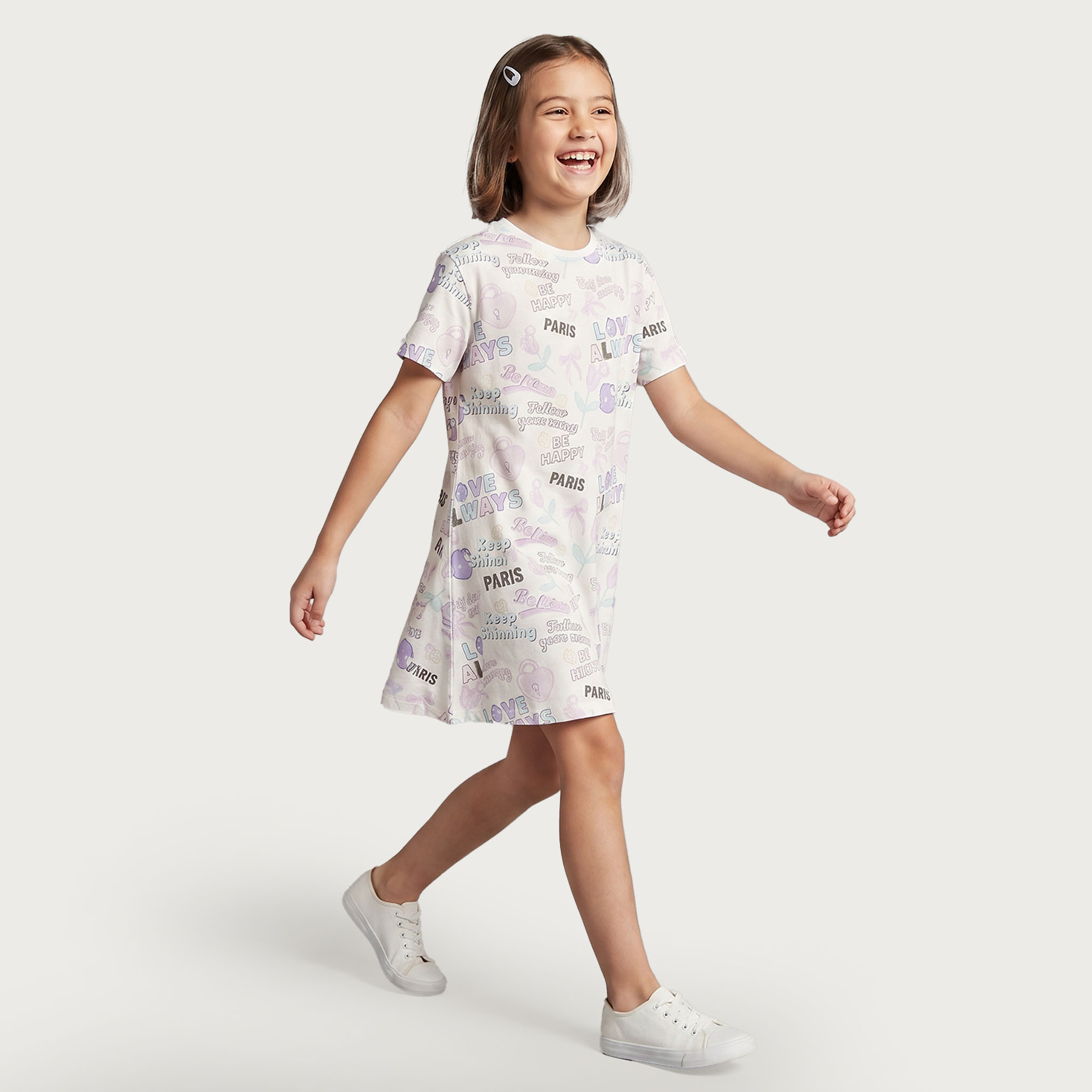 Juniors Round Neck Short Sleeves Knee Length A-line Dress with Typographic Print-girls-clothing-dressesandjumpsuits-image-4
