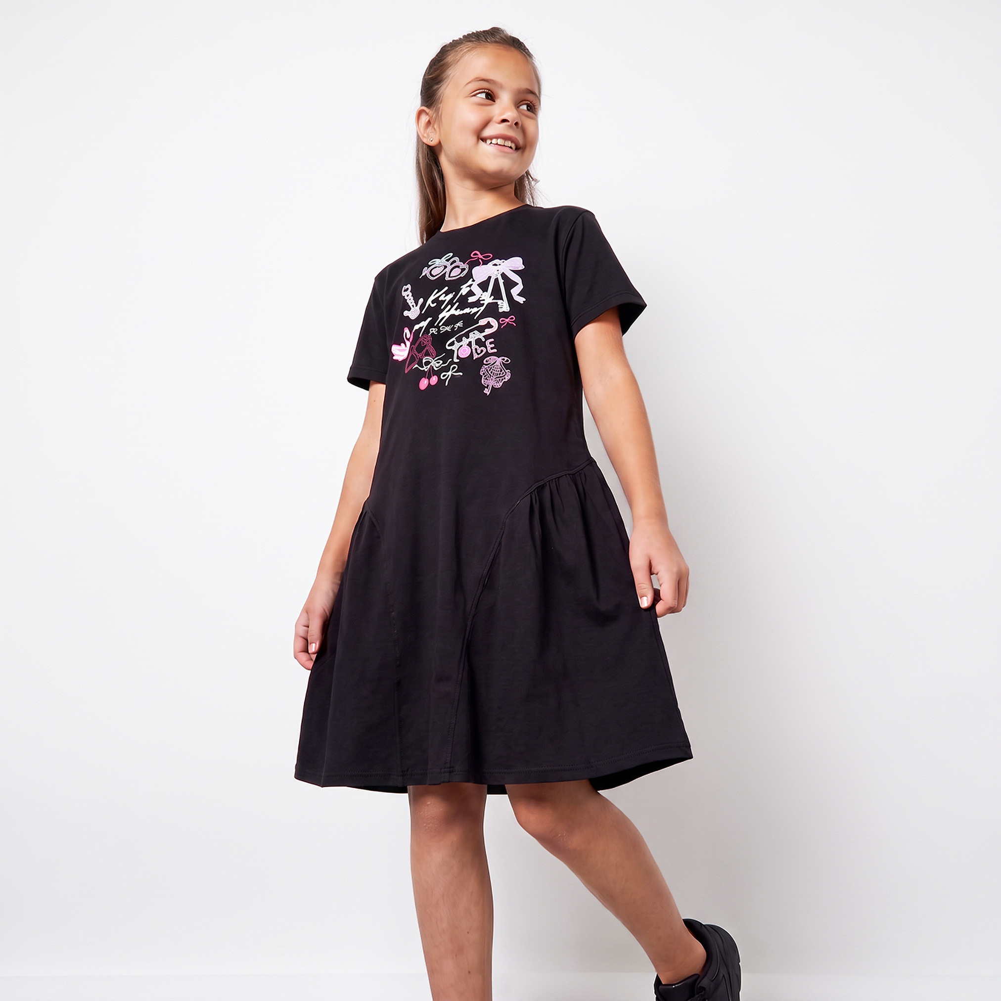 Juniors Round Neck Short Sleeves Knee Length Drop Waist Dress with Graphic Print-girls-clothing-dressesandjumpsuits-image-1
