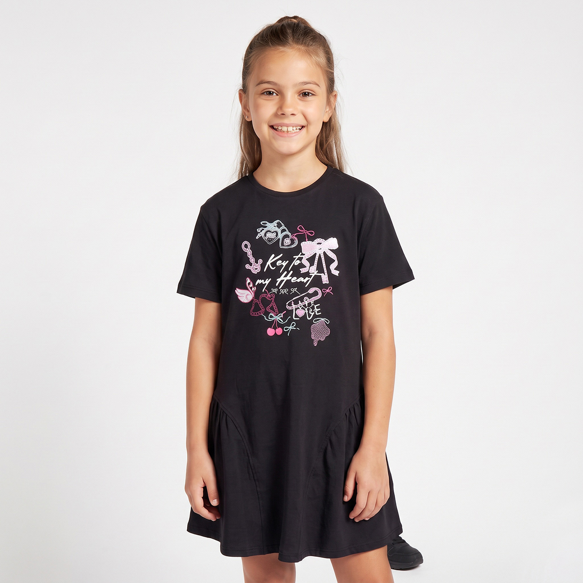 Juniors Round Neck Short Sleeves Knee Length Drop Waist Dress with Graphic Print-girls-clothing-dressesandjumpsuits-image-5