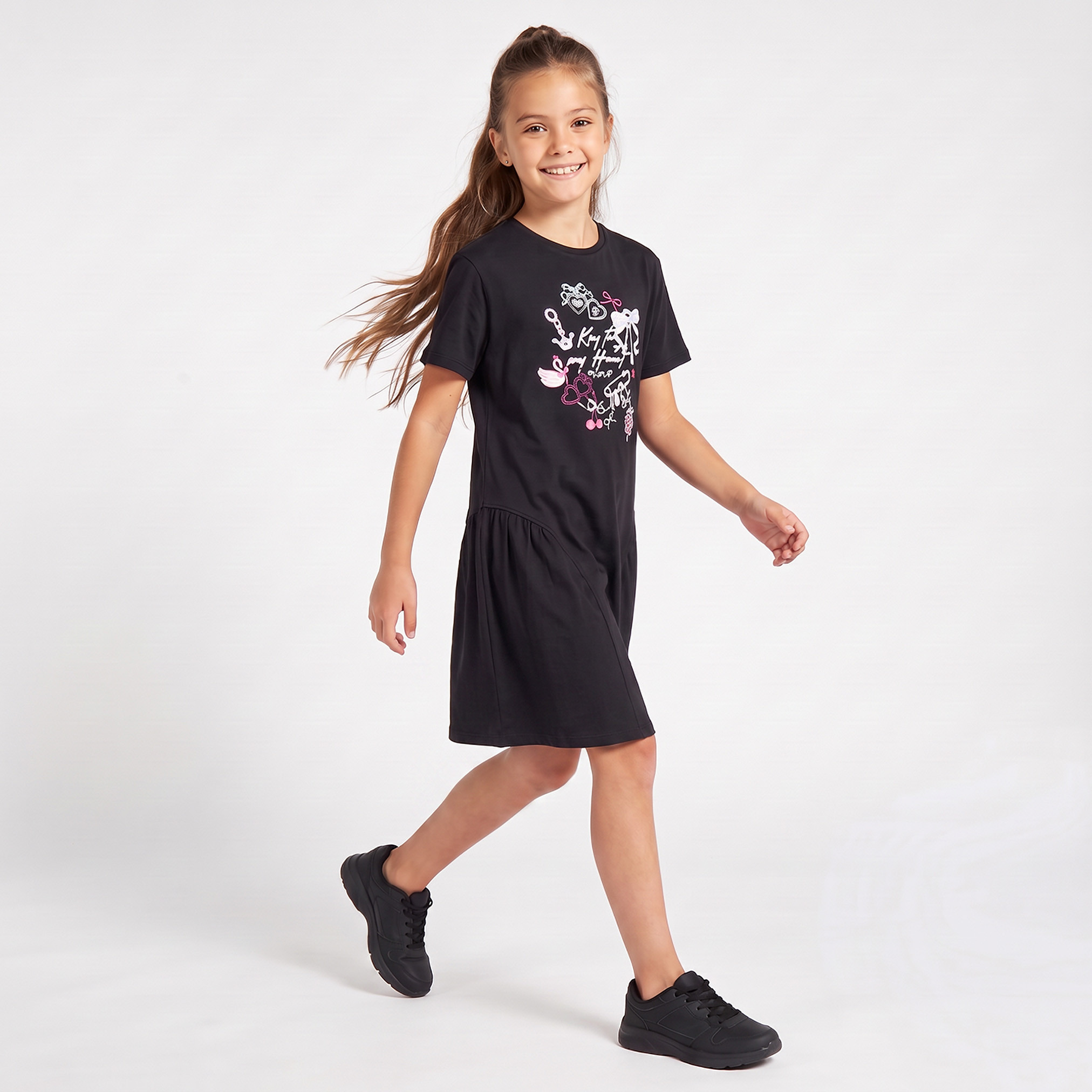 Juniors Round Neck Short Sleeves Knee Length Drop Waist Dress with Graphic Print-girls-clothing-dressesandjumpsuits-image-4