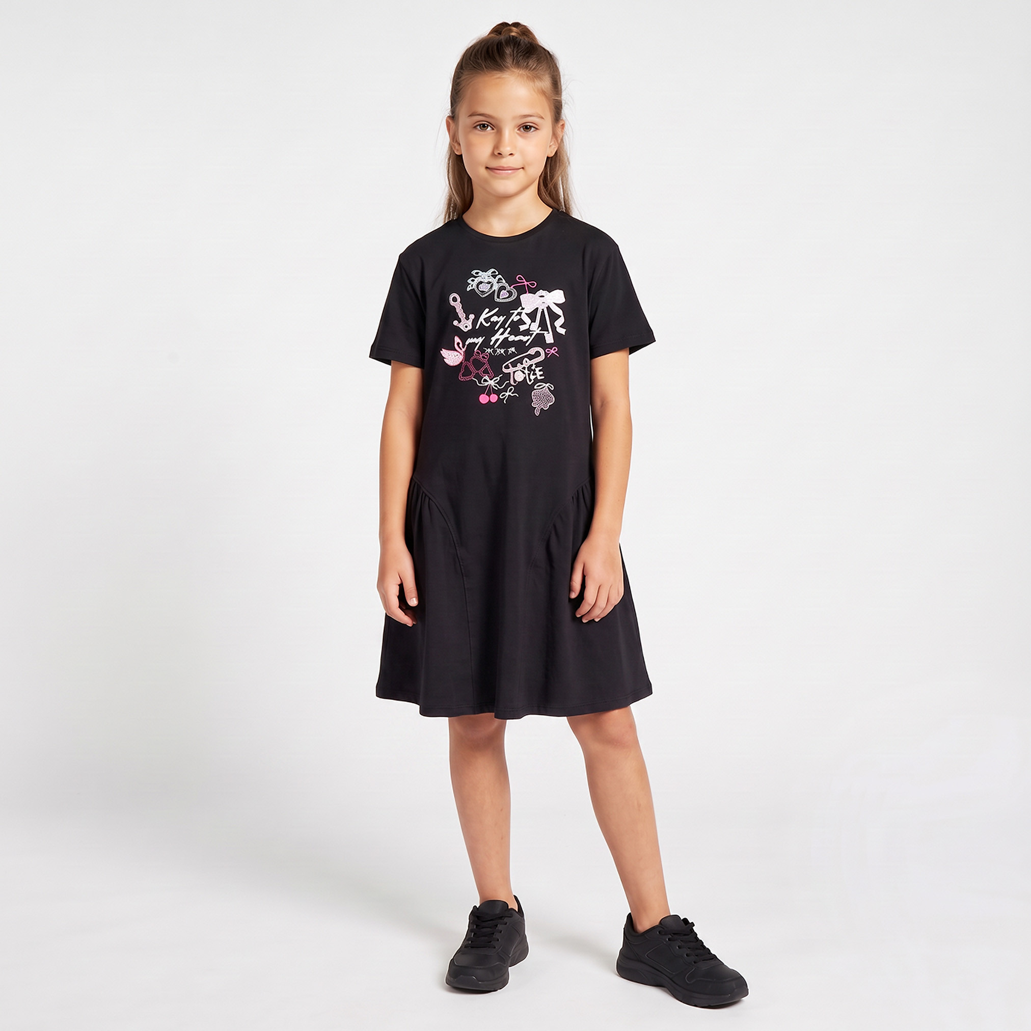 Juniors Round Neck Short Sleeves Knee Length Drop Waist Dress with Graphic Print-girls-clothing-dressesandjumpsuits-image-6