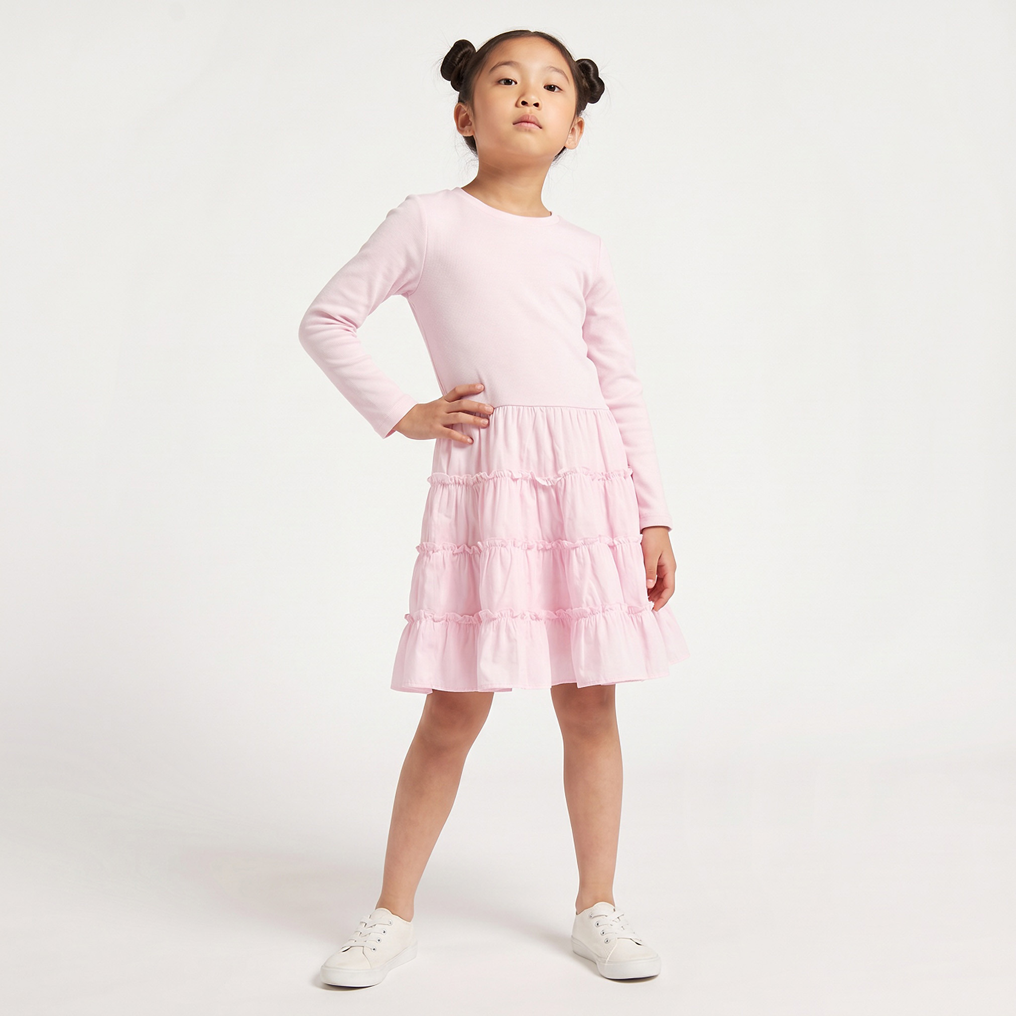 Juniors Round Neck Long Sleeves Knee Length Tiered Dress-girls-clothing-dressesandjumpsuits-image-1