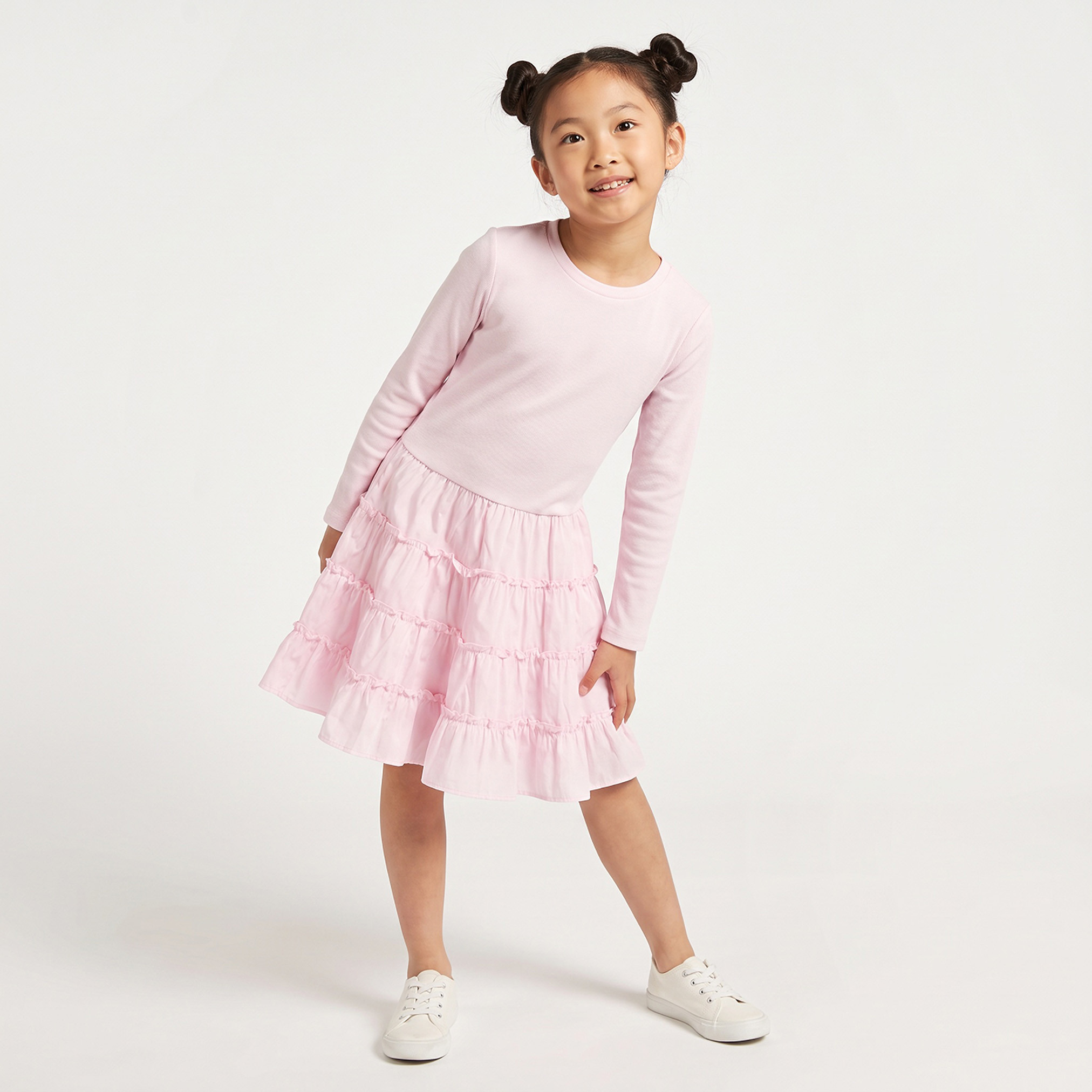Juniors Round Neck Long Sleeves Knee Length Tiered Dress-girls-clothing-dressesandjumpsuits-image-4