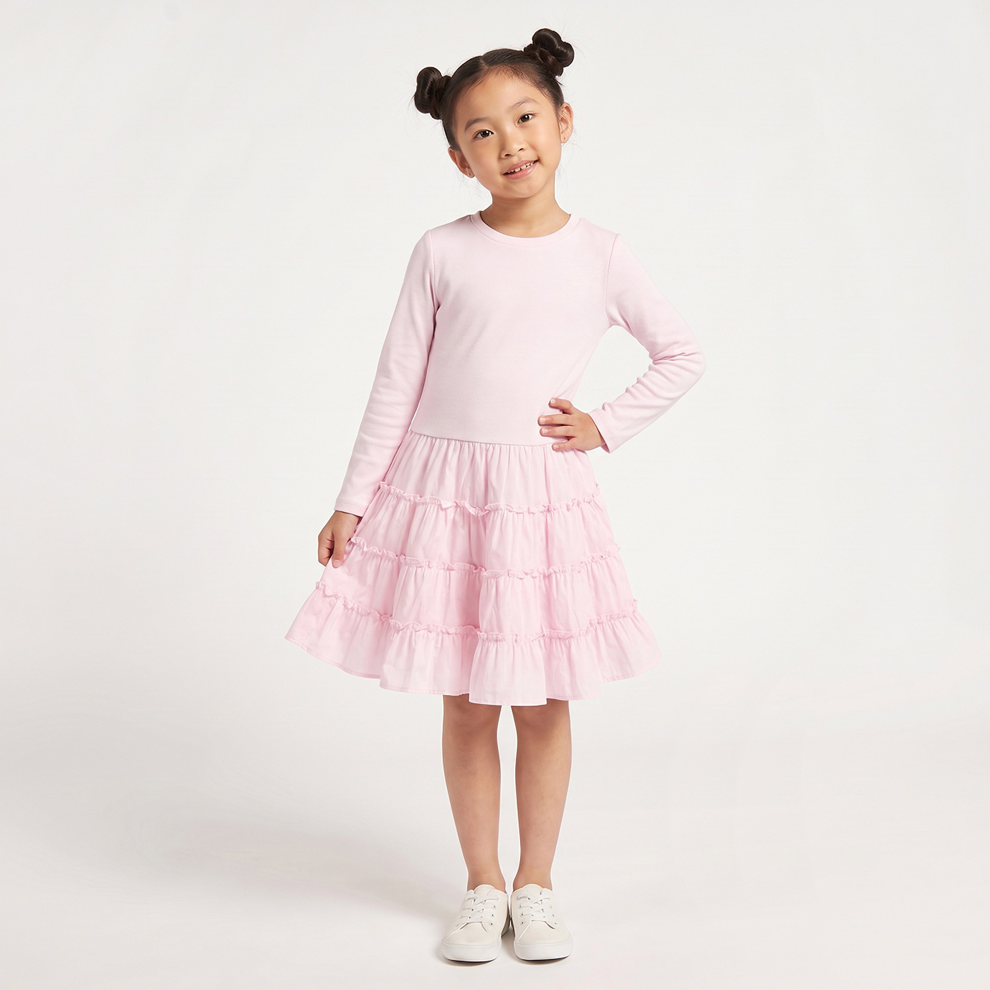 Juniors Round Neck Long Sleeves Knee Length Tiered Dress-girls-clothing-dressesandjumpsuits-image-5