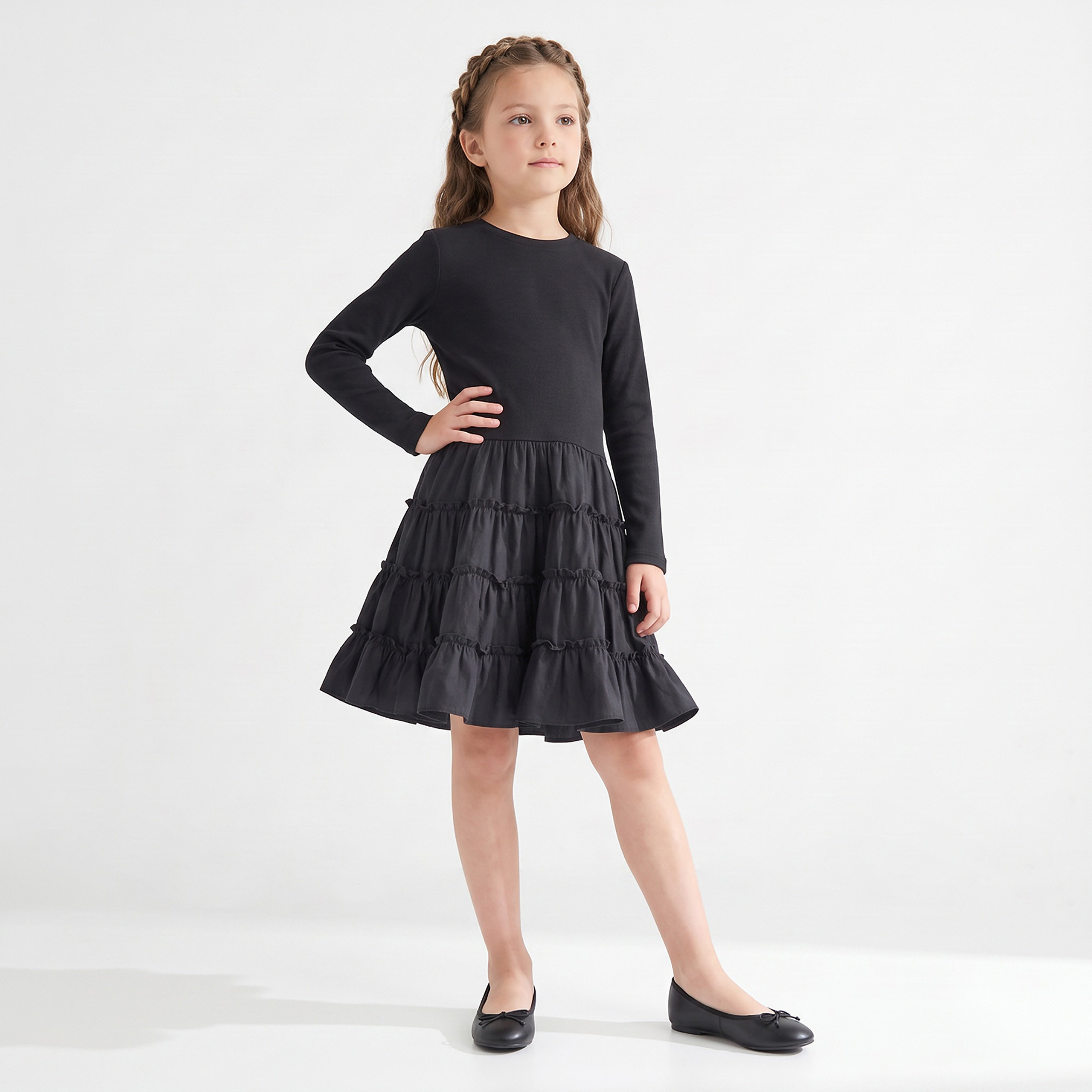 Juniors Round Neck Long Sleeves Knee Length Tiered Dress-girls-clothing-dressesandjumpsuits-image-4