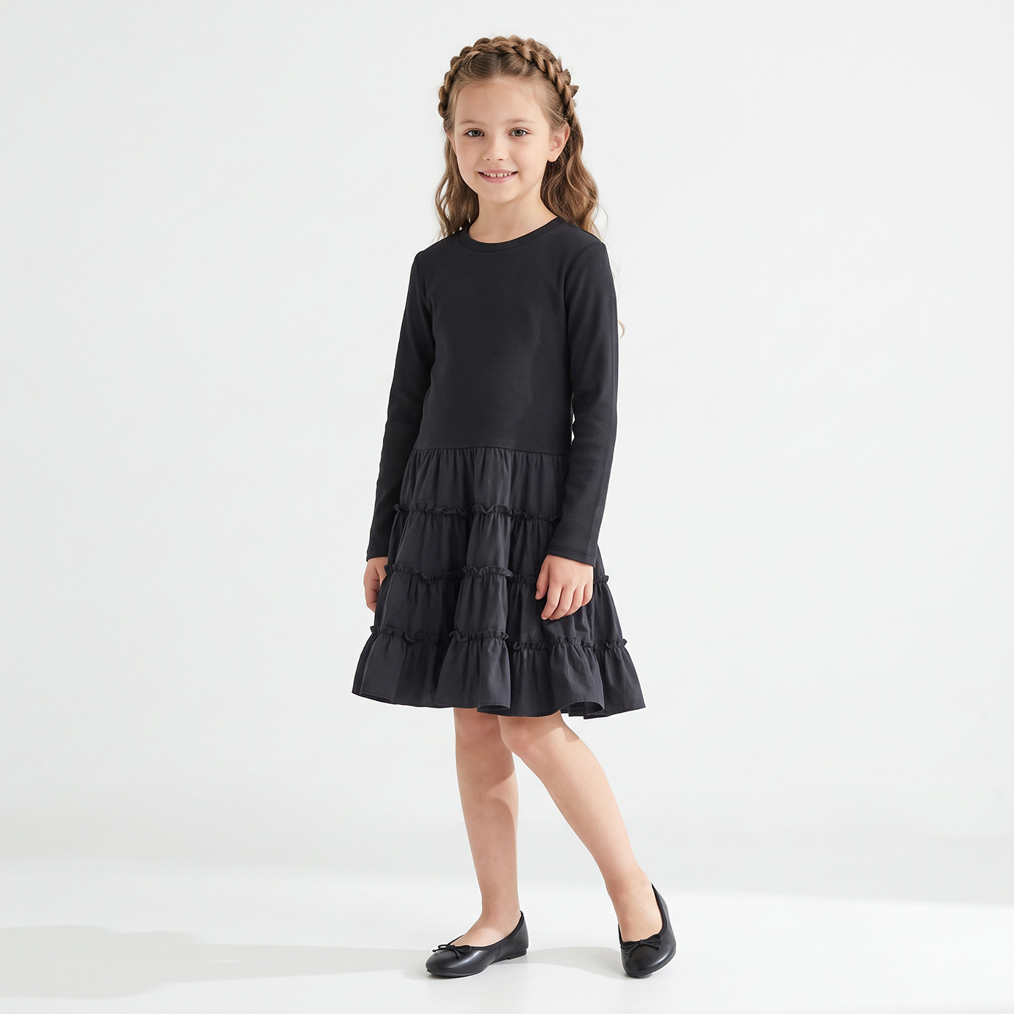 Juniors Round Neck Long Sleeves Knee Length Tiered Dress-girls-clothing-dressesandjumpsuits-image-5