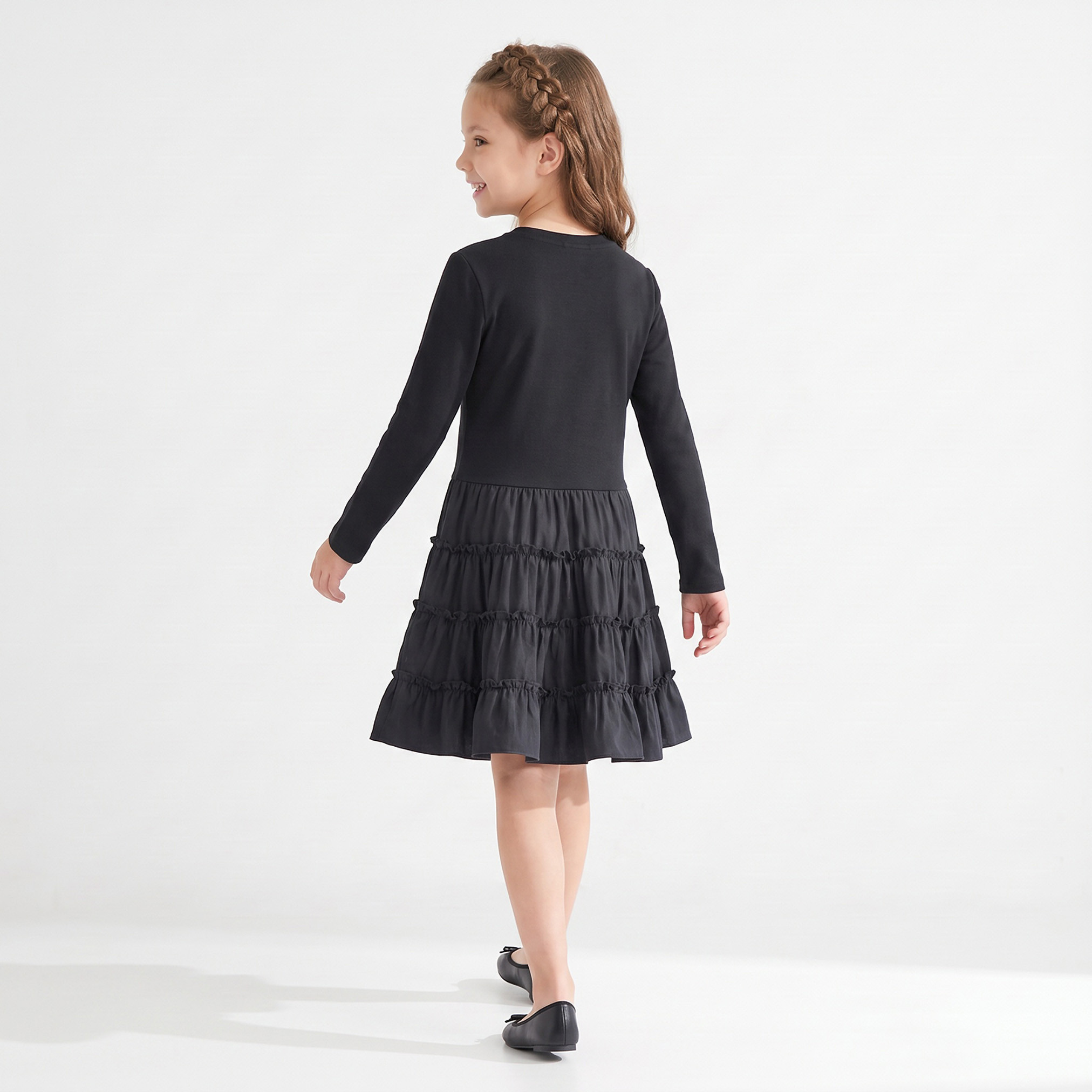 Juniors Round Neck Long Sleeves Knee Length Tiered Dress-girls-clothing-dressesandjumpsuits-image-2