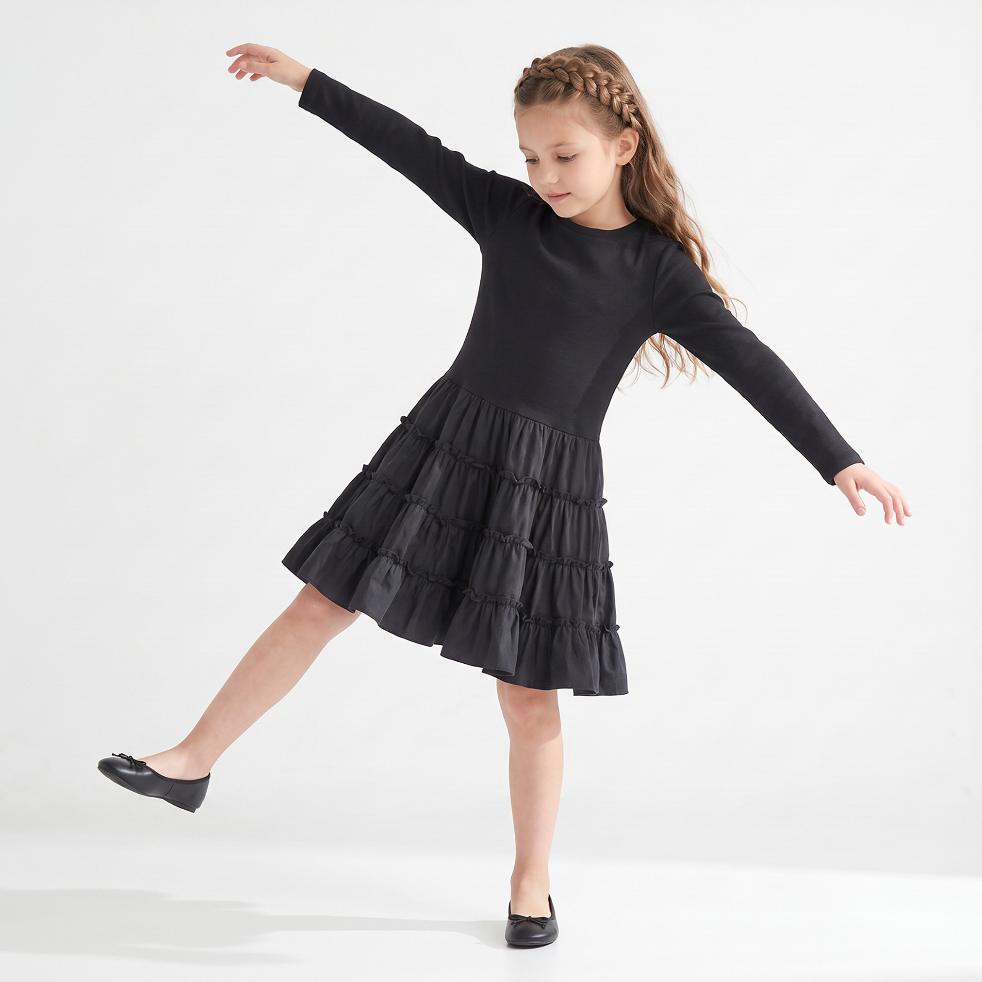 Juniors Round Neck Long Sleeves Knee Length Tiered Dress-girls-clothing-dressesandjumpsuits-image-1