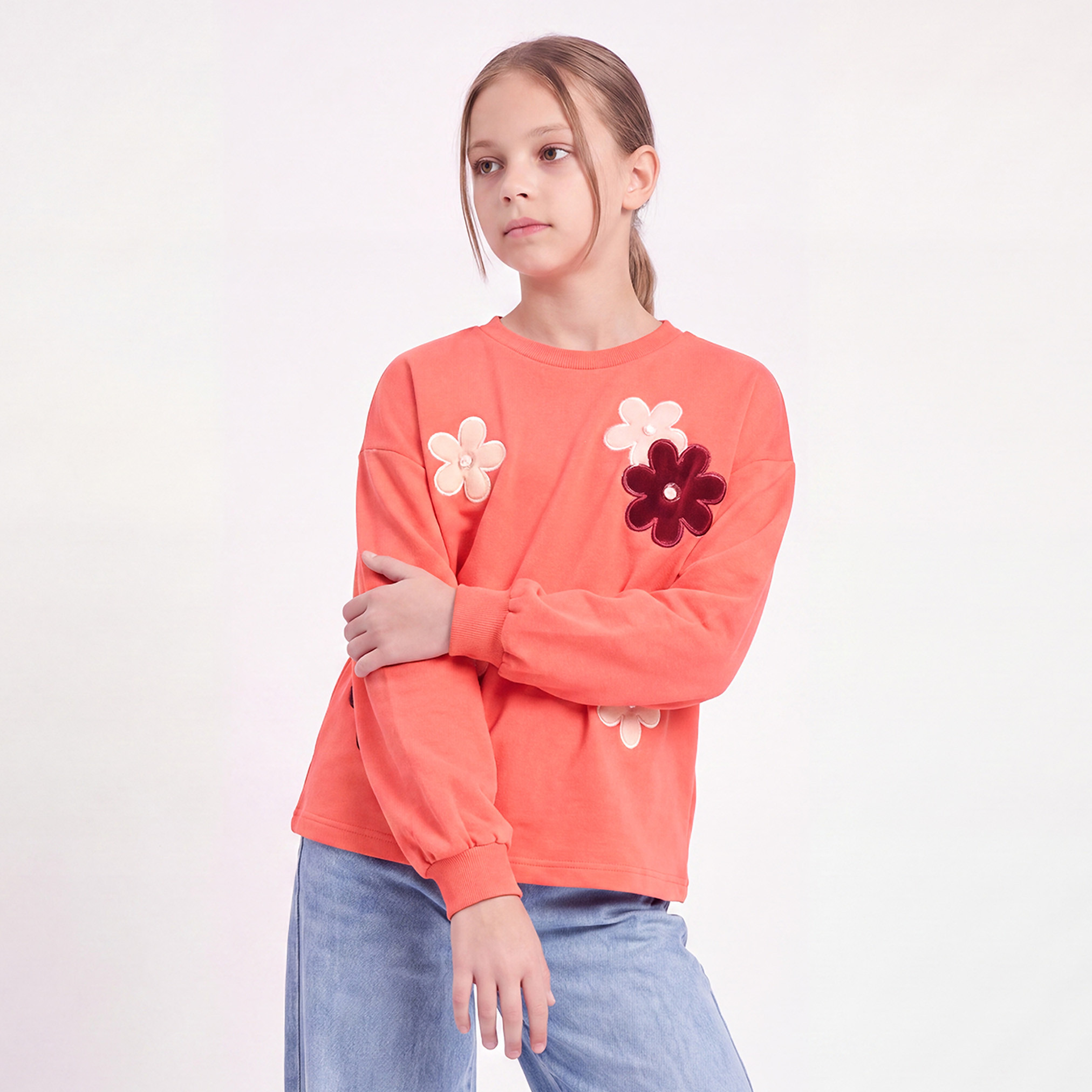 Juniors Crew Neck Cotton Sweatshirt with Floral Embellishment-girls-clothing-sweatshirts-image-1