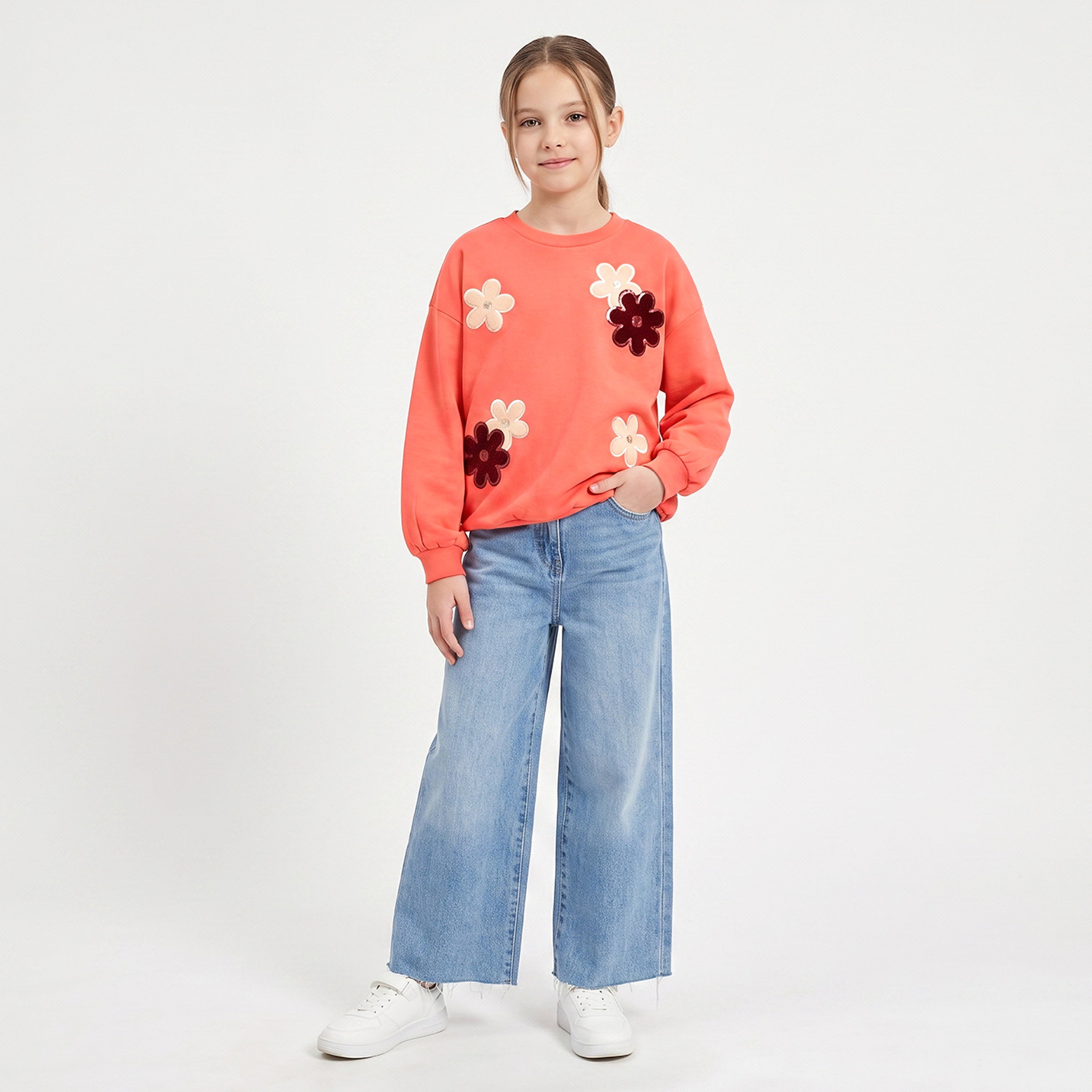 Juniors Crew Neck Cotton Sweatshirt with Floral Embellishment-girls-clothing-sweatshirts-image-2