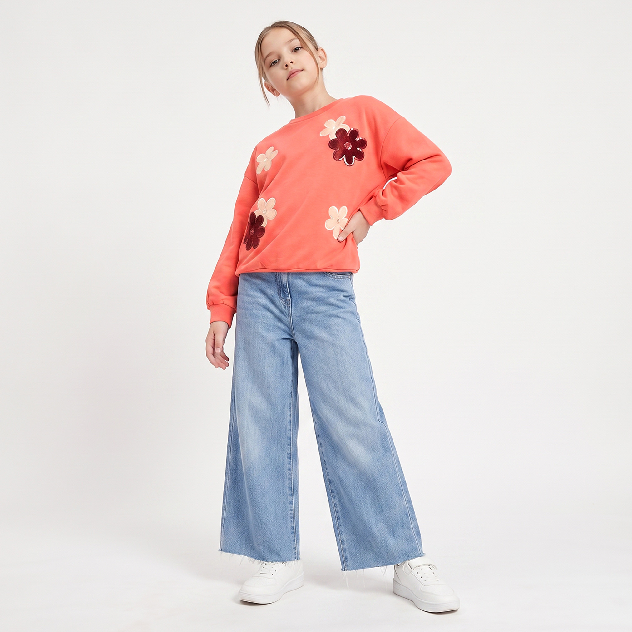 Juniors Crew Neck Cotton Sweatshirt with Floral Embellishment-girls-clothing-sweatshirts-image-5