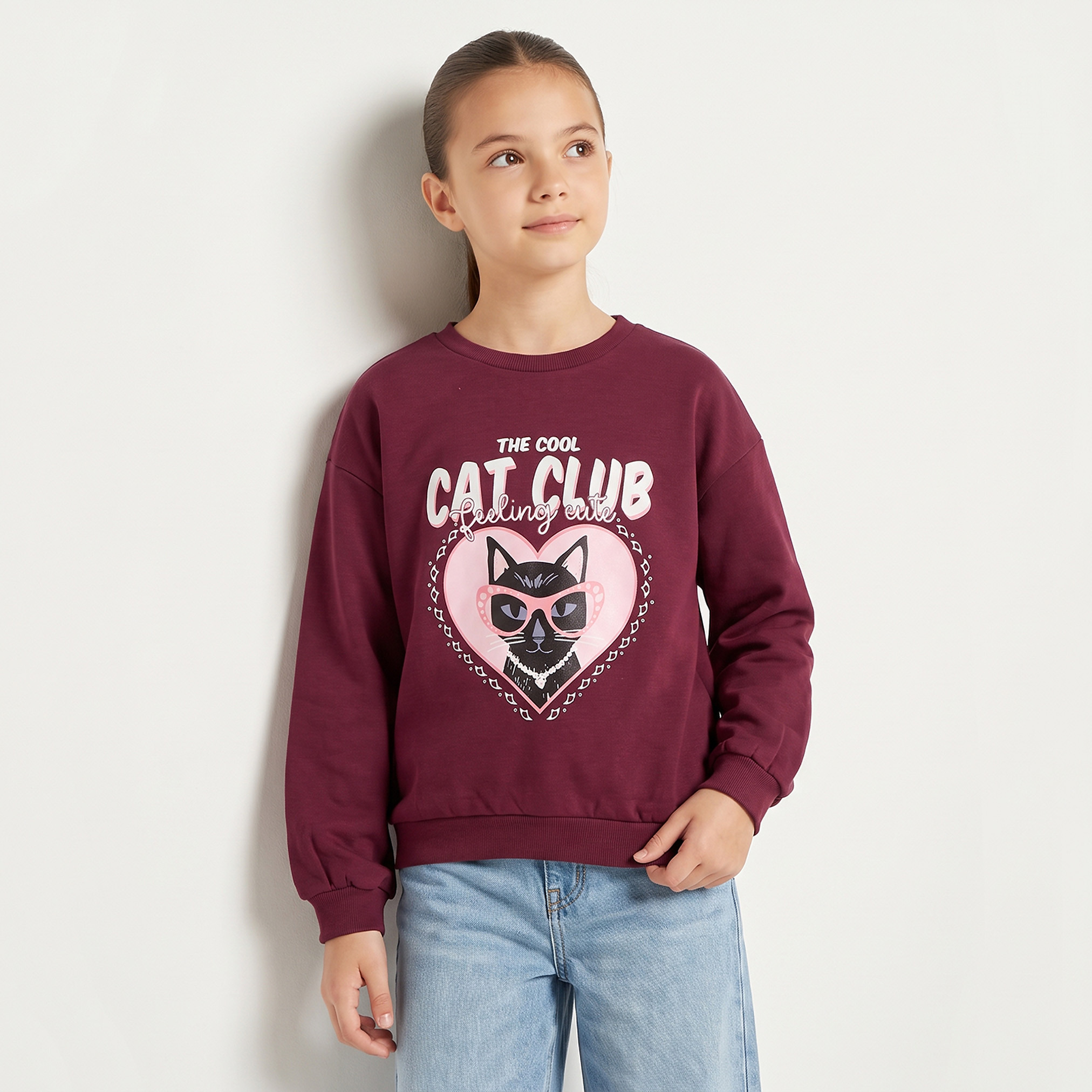 Juniors Crew Neck Sweatshirt with Cat Print-girls-clothing-sweatshirts-image-1