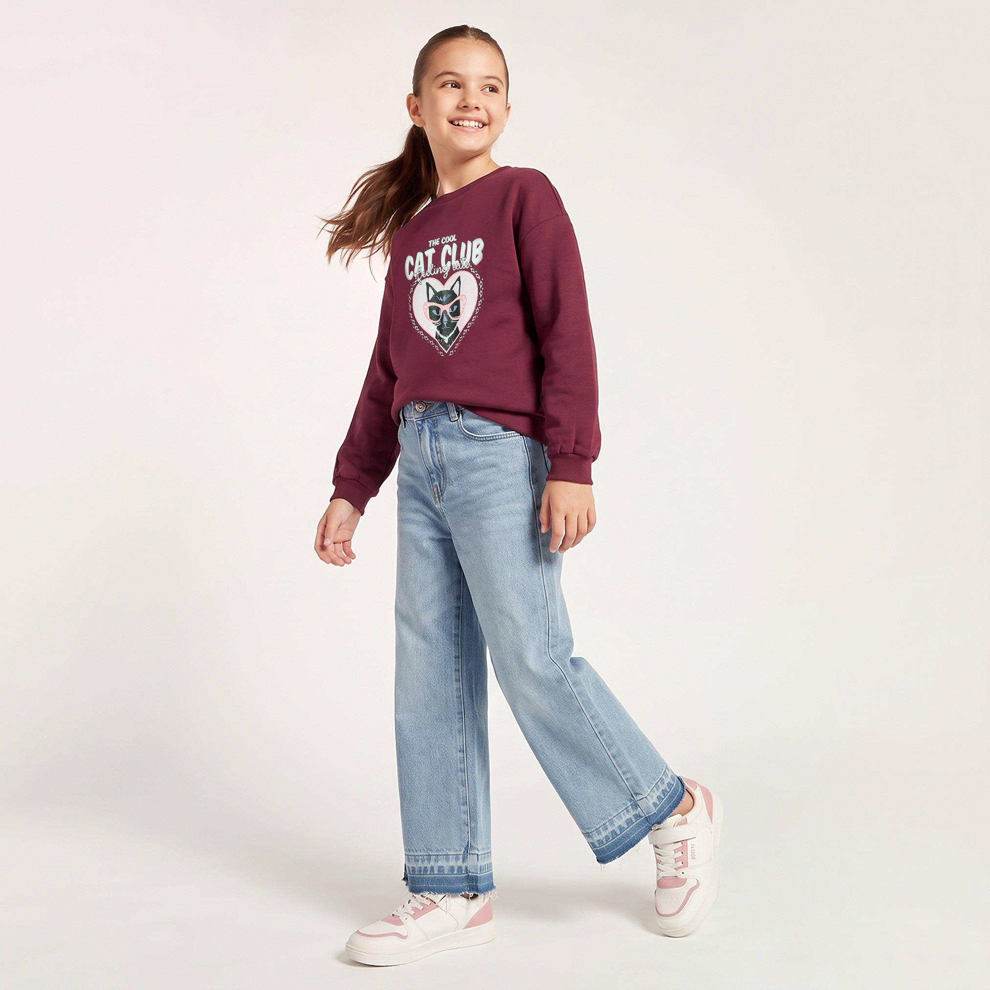 Juniors Crew Neck Sweatshirt with Cat Print-girls-clothing-sweatshirts-image-2