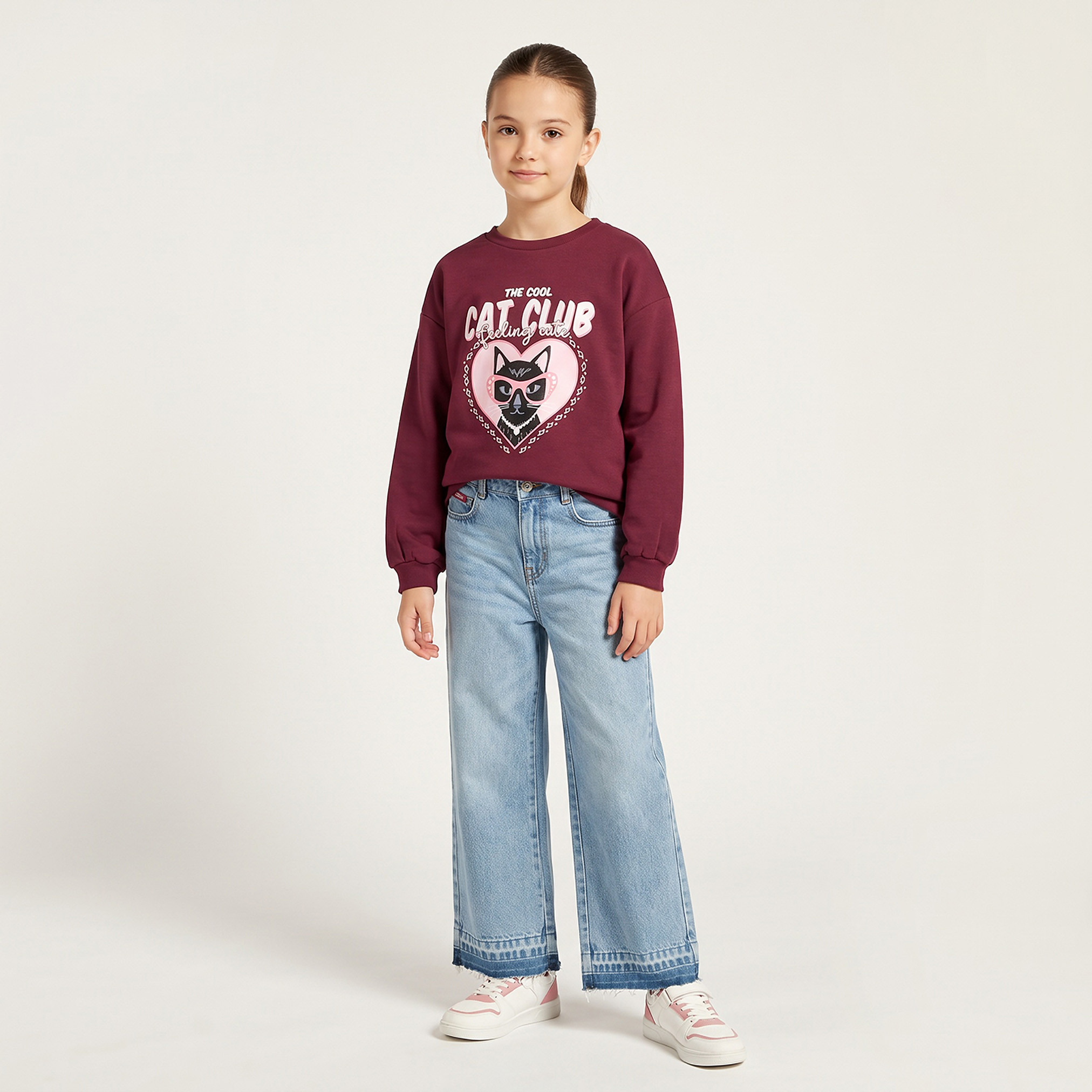 Juniors Crew Neck Sweatshirt with Cat Print-girls-clothing-sweatshirts-image-4
