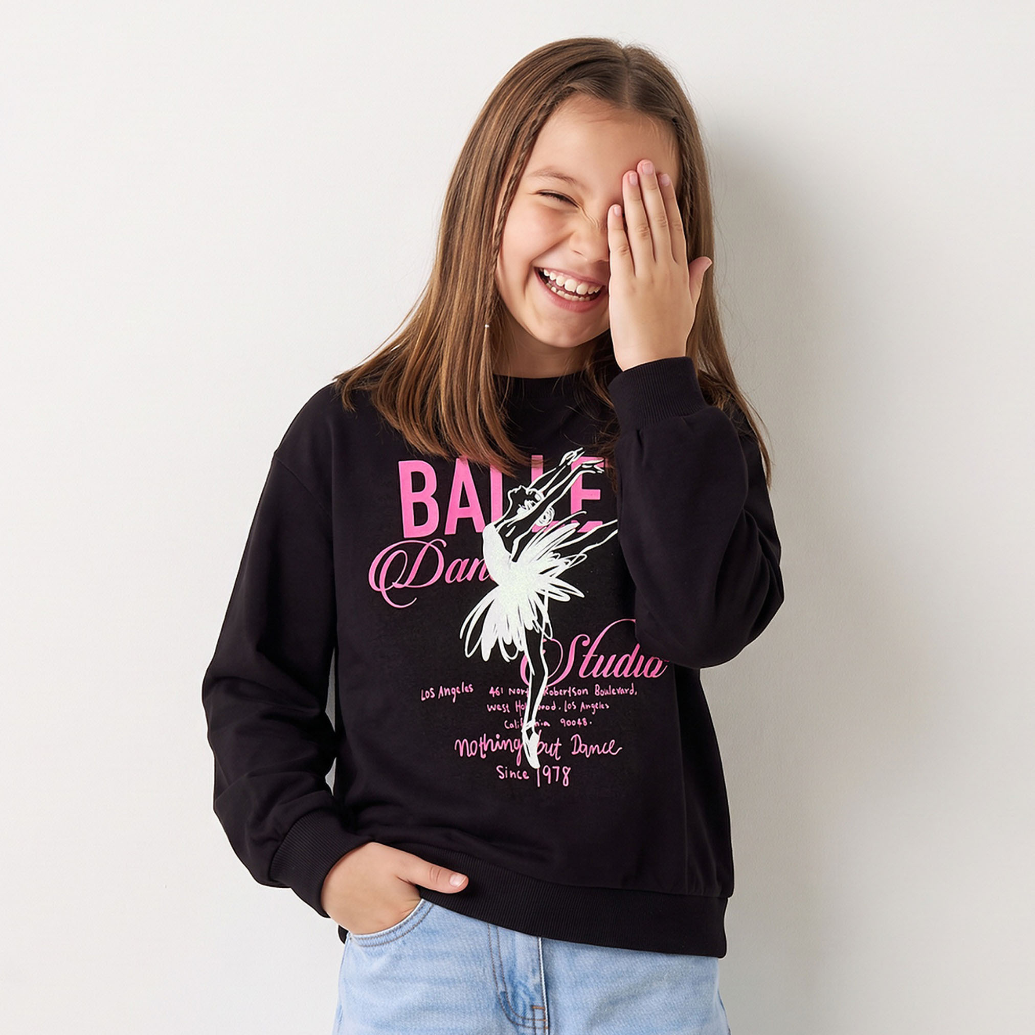 Juniors Crew Neck Cotton Sweatshirt with Ballet Dancing Print-girls-clothing-sweatshirts-image-1