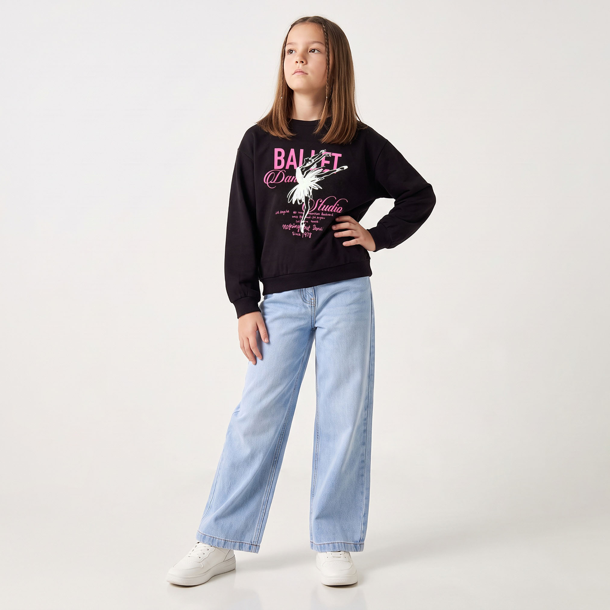 Juniors Crew Neck Cotton Sweatshirt with Ballet Dancing Print-girls-clothing-sweatshirts-image-2