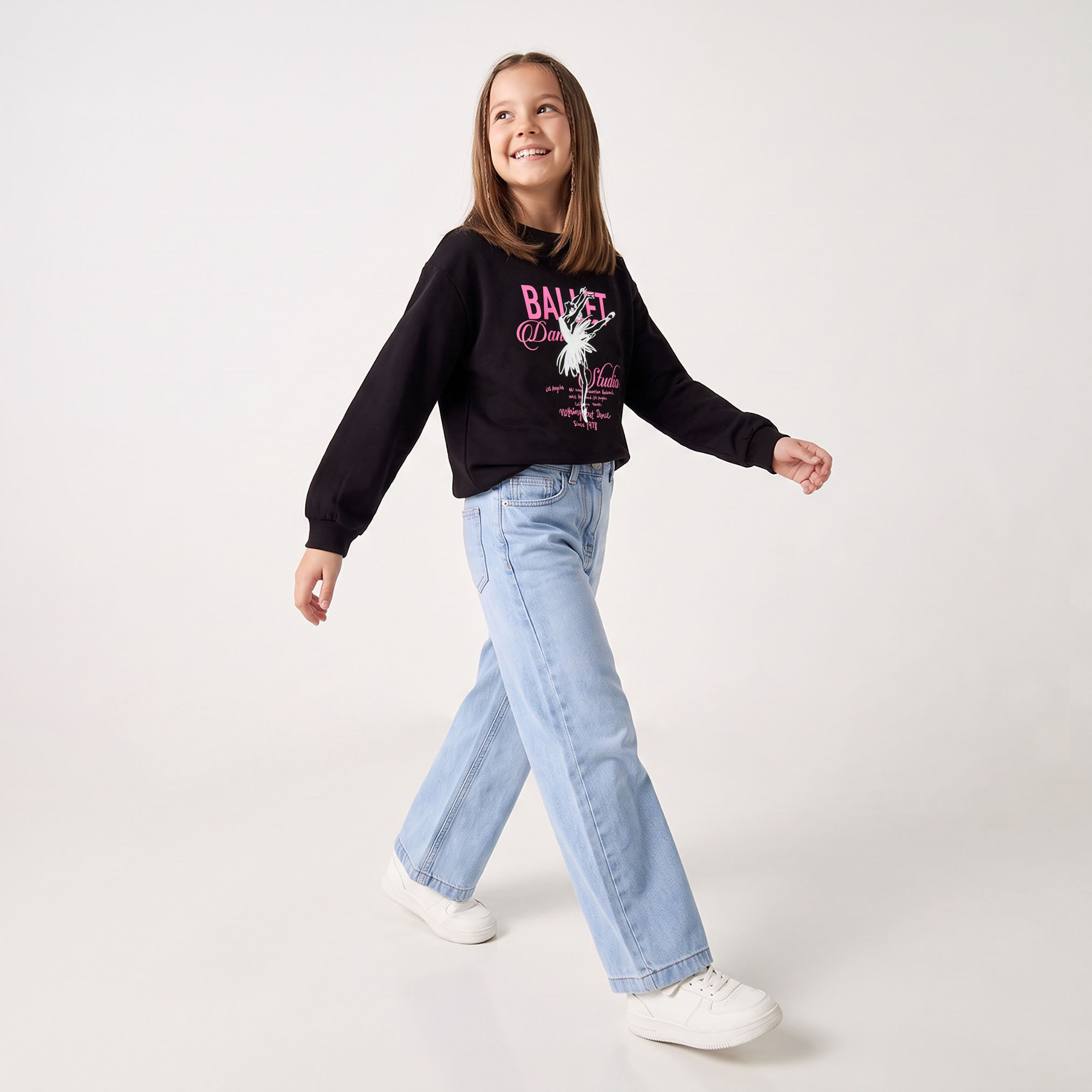 Juniors Crew Neck Cotton Sweatshirt with Ballet Dancing Print-girls-clothing-sweatshirts-image-4