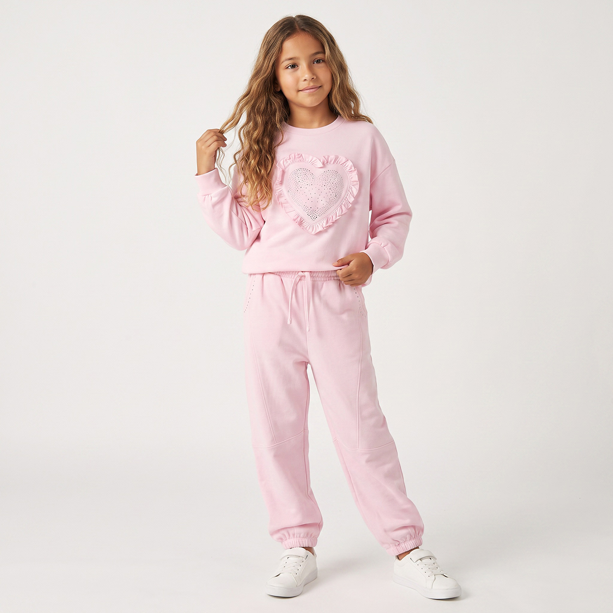 Juniors Crew Neck Long Sleeves Sweatshirt and Joggers Set with Heart Applique-girls-clothing-setsandcoords-image-1