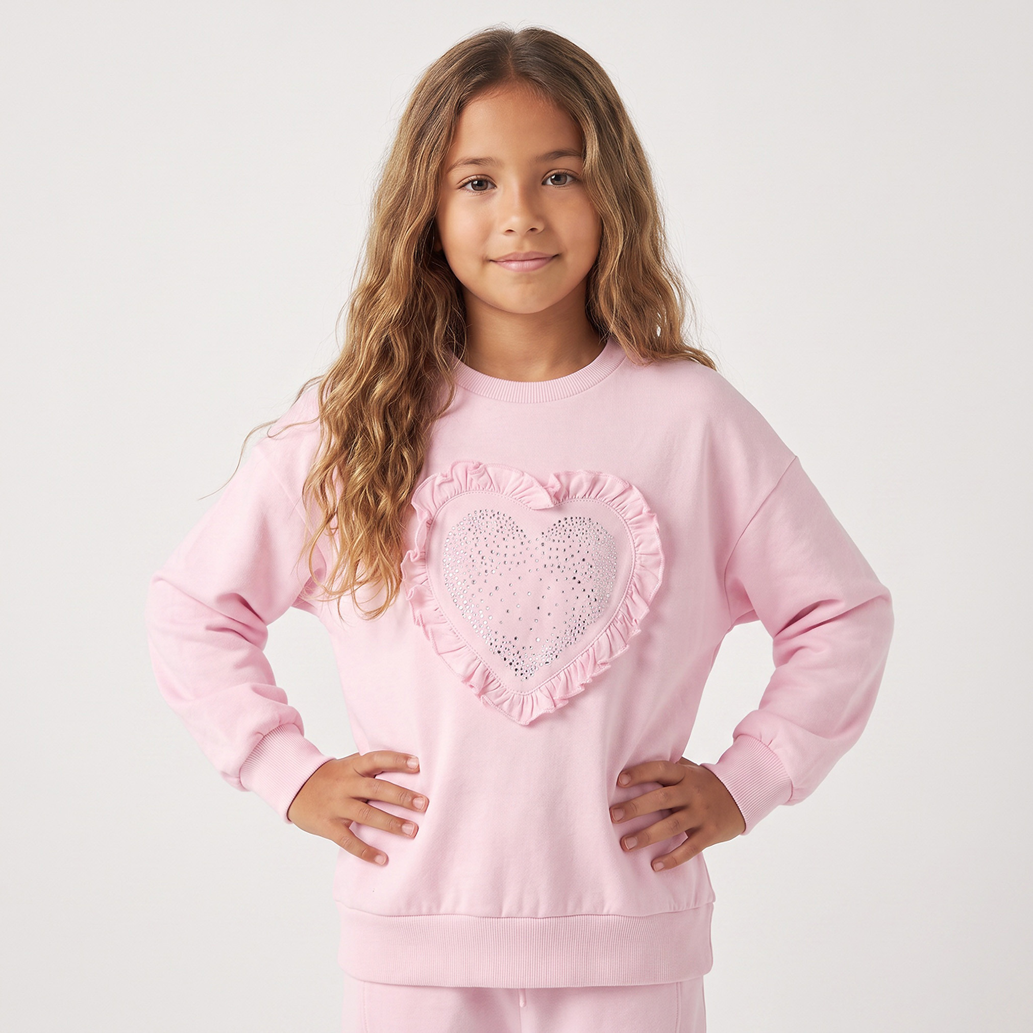 Juniors Crew Neck Long Sleeves Sweatshirt and Joggers Set with Heart Applique-girls-clothing-setsandcoords-image-3
