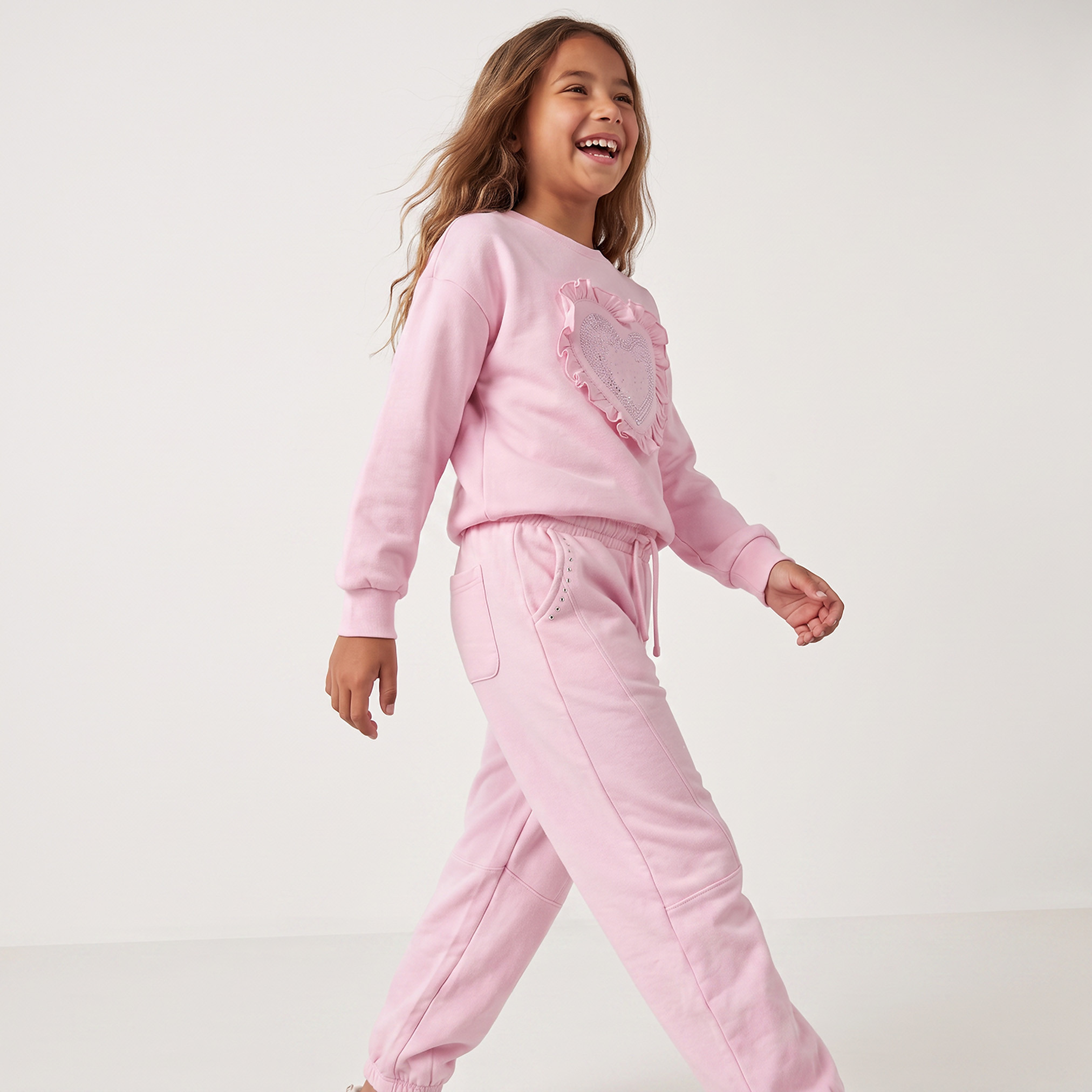 Juniors Crew Neck Long Sleeves Sweatshirt and Joggers Set with Heart Applique-girls-clothing-setsandcoords-image-5