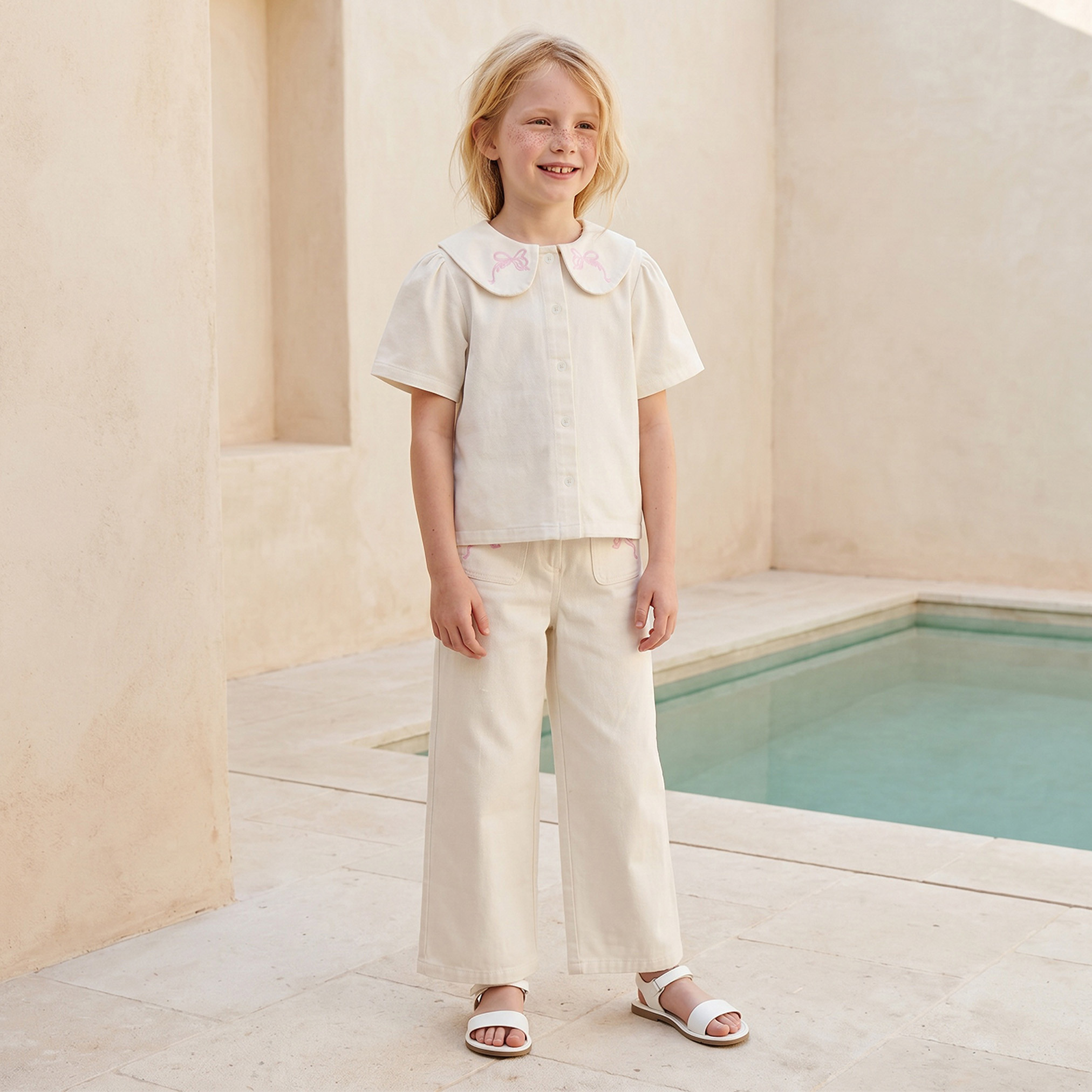 Juniors Peter Pan Collar Short Sleeves Shirt and Pants Set with Bow Embroidery-girls-clothing-setsandcoords-image-1