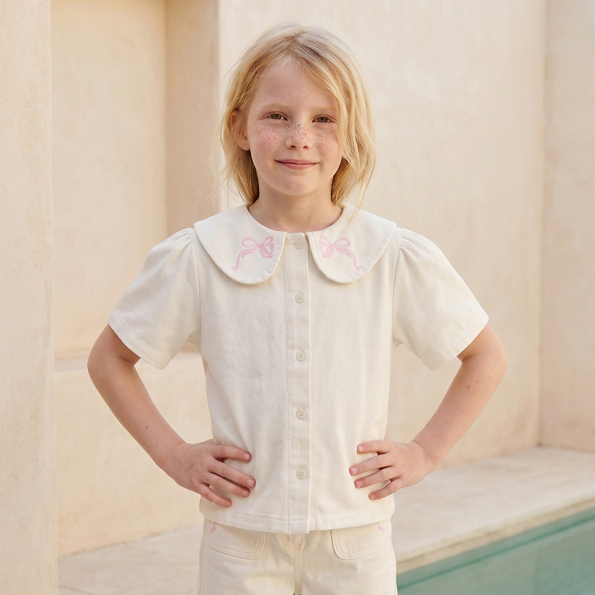 Juniors Peter Pan Collar Short Sleeves Shirt and Pants Set with Bow Embroidery-girls-clothing-setsandcoords-image-2