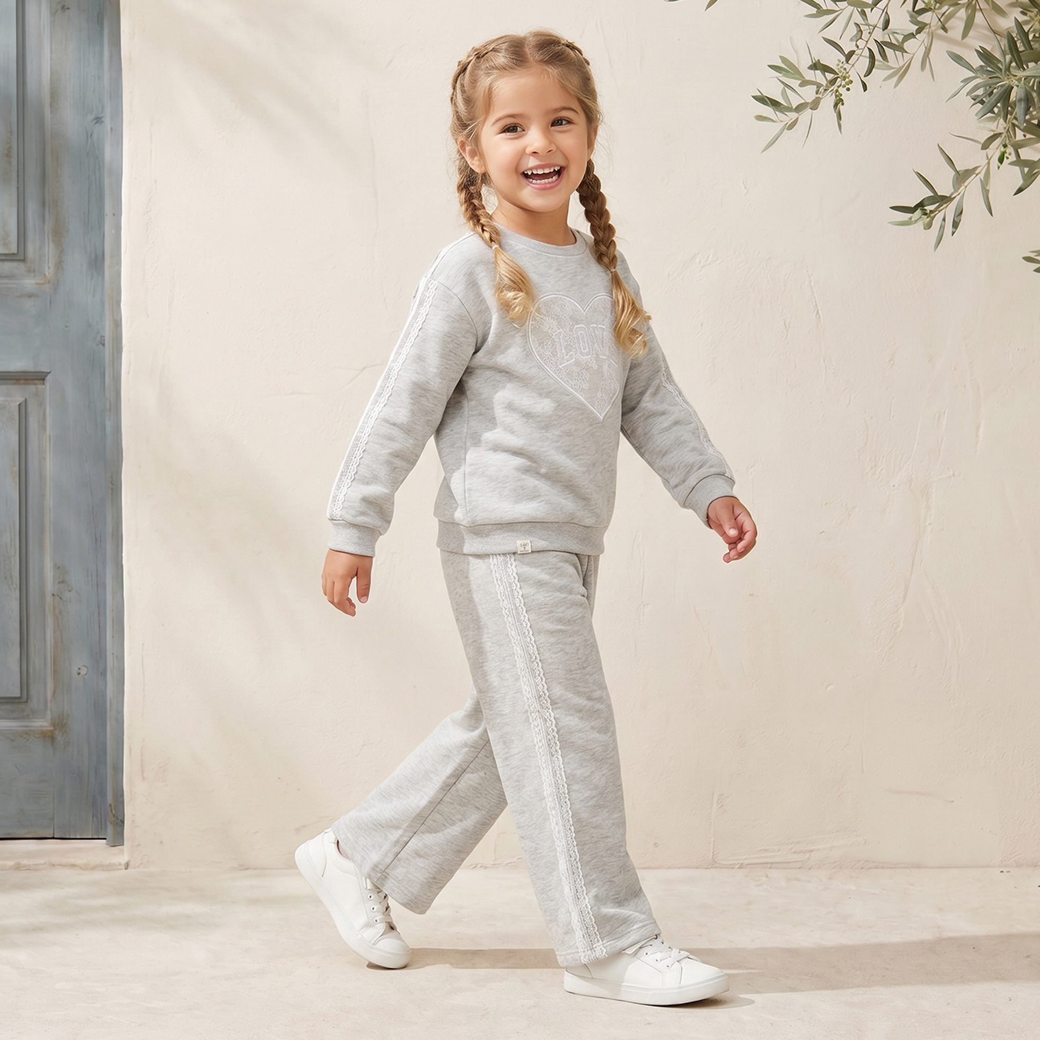 Juniors Crew Neck Long Sleeves Sweatshirt and Joggers Set with Heart Applique-girls-clothing-setsandcoords-image-1