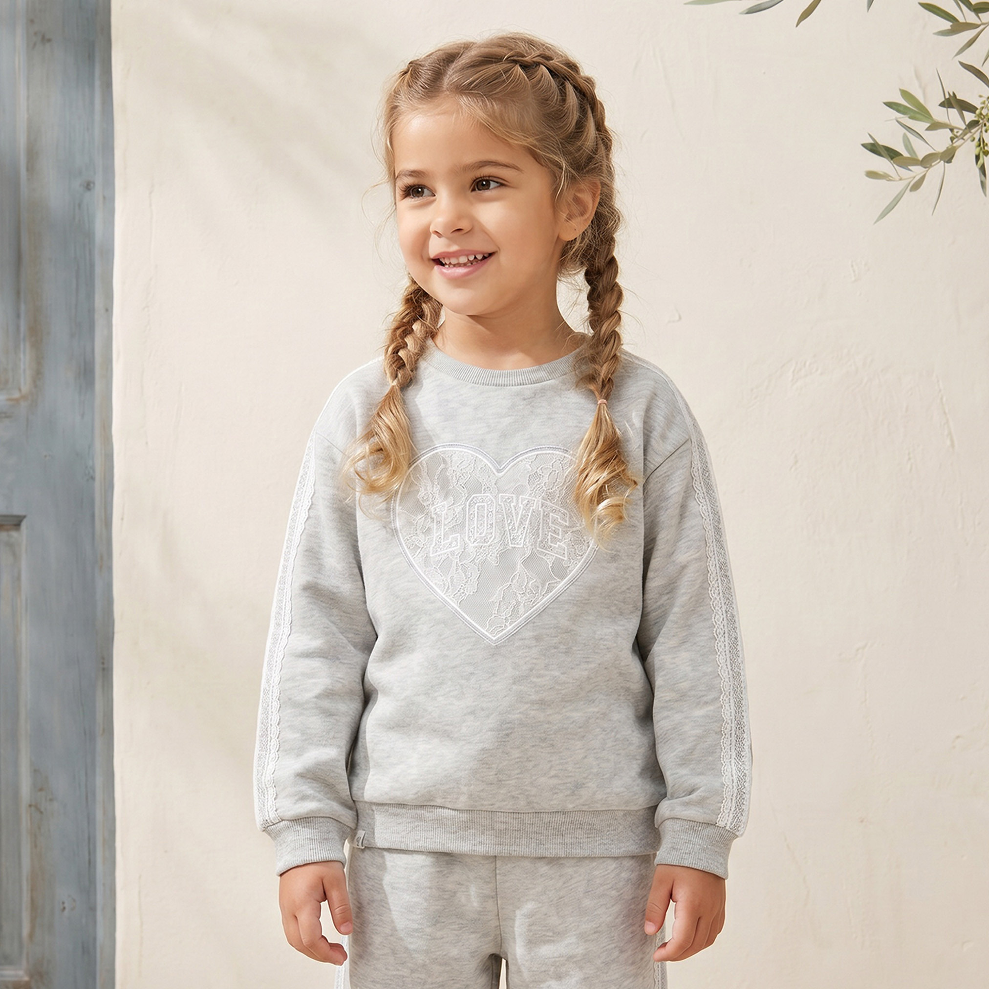 Juniors Crew Neck Long Sleeves Sweatshirt and Joggers Set with Heart Applique-girls-clothing-setsandcoords-image-2